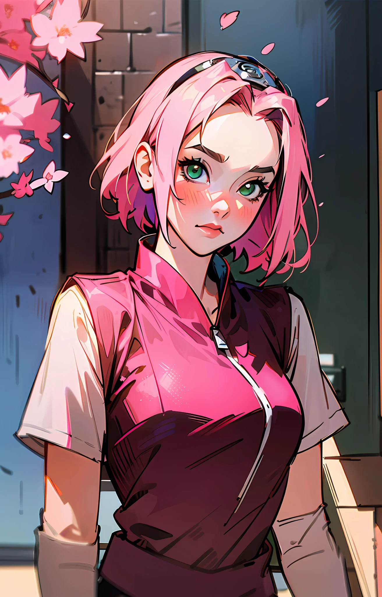 Sakura haruno, ((solo)), sozinha, ((testa a mostra)), elegante,usando uma blusa vermelha e uma saia rosa claro,  Sakura haruno em Naruto Shippuden,  she's charming, atraente, cabelo rosa, delicado, jovem, cabelo curto, detalhado, hight definition, ((corpo inteiro)), she's in her house looking at a picture, olhando para o espectador,  she's a beautiful woman ,  beautiful and nice woman, linda, bela, alta qualidade, olhos definidos, hight definition, nitidos, sharp strokes, linda, red bow in hair,trending on artstation, by rhads, andreas rocha, rossdraws, makoto shinkai, laurie greasley, lois van baarle, ilya kuvshinov and greg rutkowski