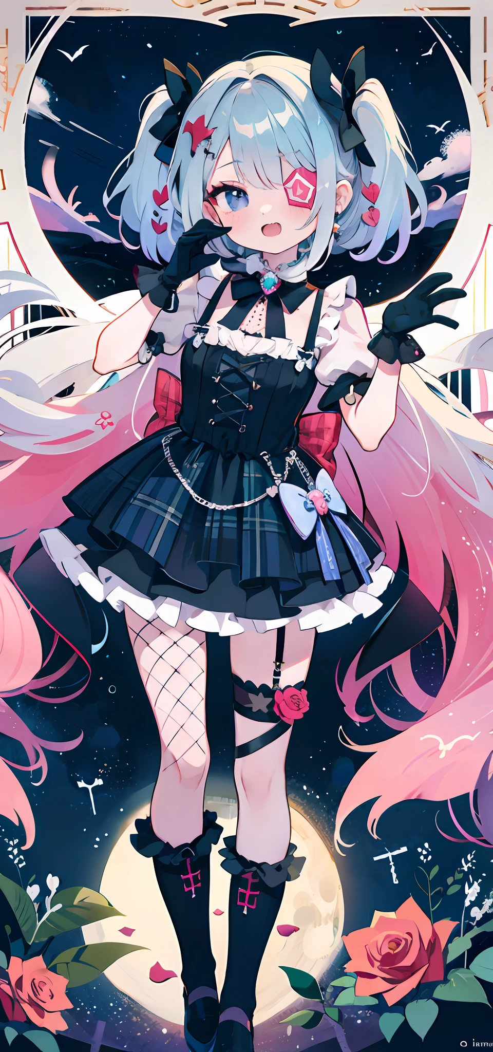 l vampire，fang，Plaid dress，Bow，lolita fashion，Lolita style，Anime girl role play，Lori，Cutes， Angelic beauty， Lori， Portrait of Lolita girl， Purple lattice， y 2 k ，Y2K，Emo style，non-mainstream，Red checkered，Mines are girls，Harajuku style，Exaggerated dressing，Intricate ornaments，Rock style，Gothic style，rivet，ear ring，two color hair，Pink and blue hair，Purple plaid skirt，Half-cut gloves，Leg rings，Suspenders，Metal jewelry，skeletons，Love，Blood，Maniacal laughter，Sick，fishnet stockings，Unilateral eye patch，crosses，moonlit night，Thorny rose，Dramatic composition，volumettic light