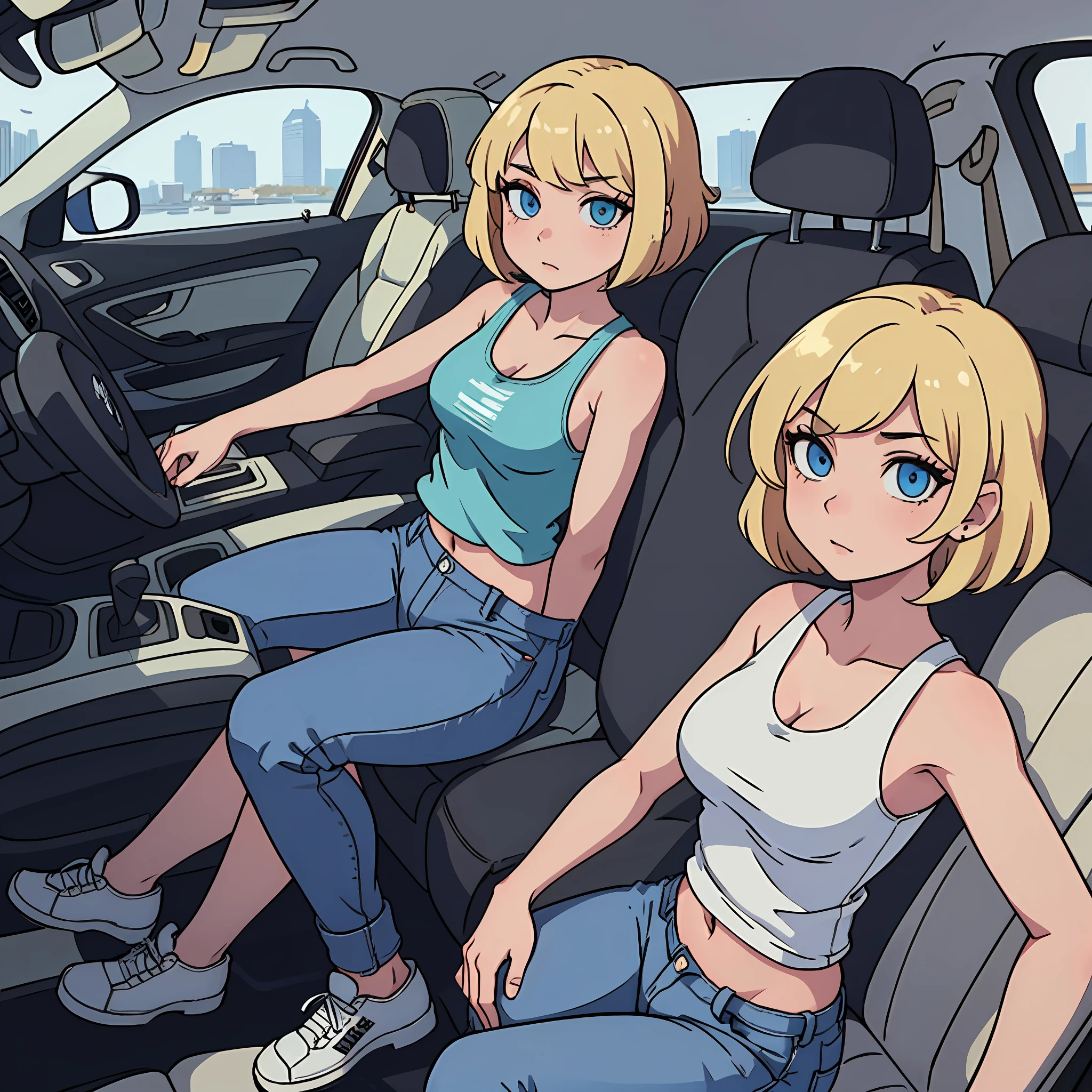 best quality, intricate details, tank top, jeans, sneakers Vans, high heels, sexy girl , high detailed, blue diamond eyes, detailed eyes, small breasts, large hips, slim figure, tall, blond hair, undercut hair, pixie cut anime style, high detailed background, driving the car, interior car, 4k
