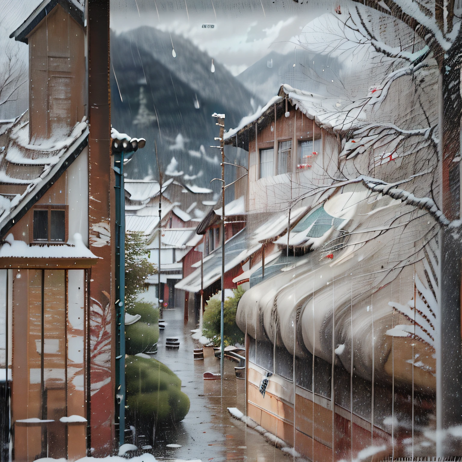 Arafed view of a village，The mountains are in the distance，Large branches and leaves shake，Dim light on a small building，dreamy Chinese towns，Chinese Village，amazing wallpaper，Surreal photos of a small town，old asian village，rainy evening,  Well-lit building, In the evening in the rain, Beautiful and aesthetic, cinematography, filmes, 8k, high-detailed ((raining heavily)))