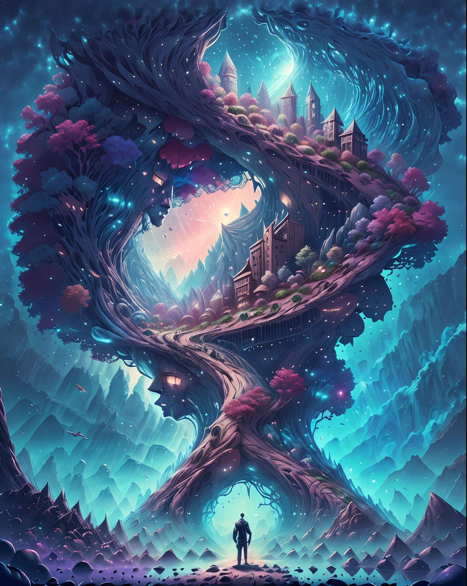 Sad and angry man in a shattered world, sombrio e decadente, capa de livro de fantasia, 8k