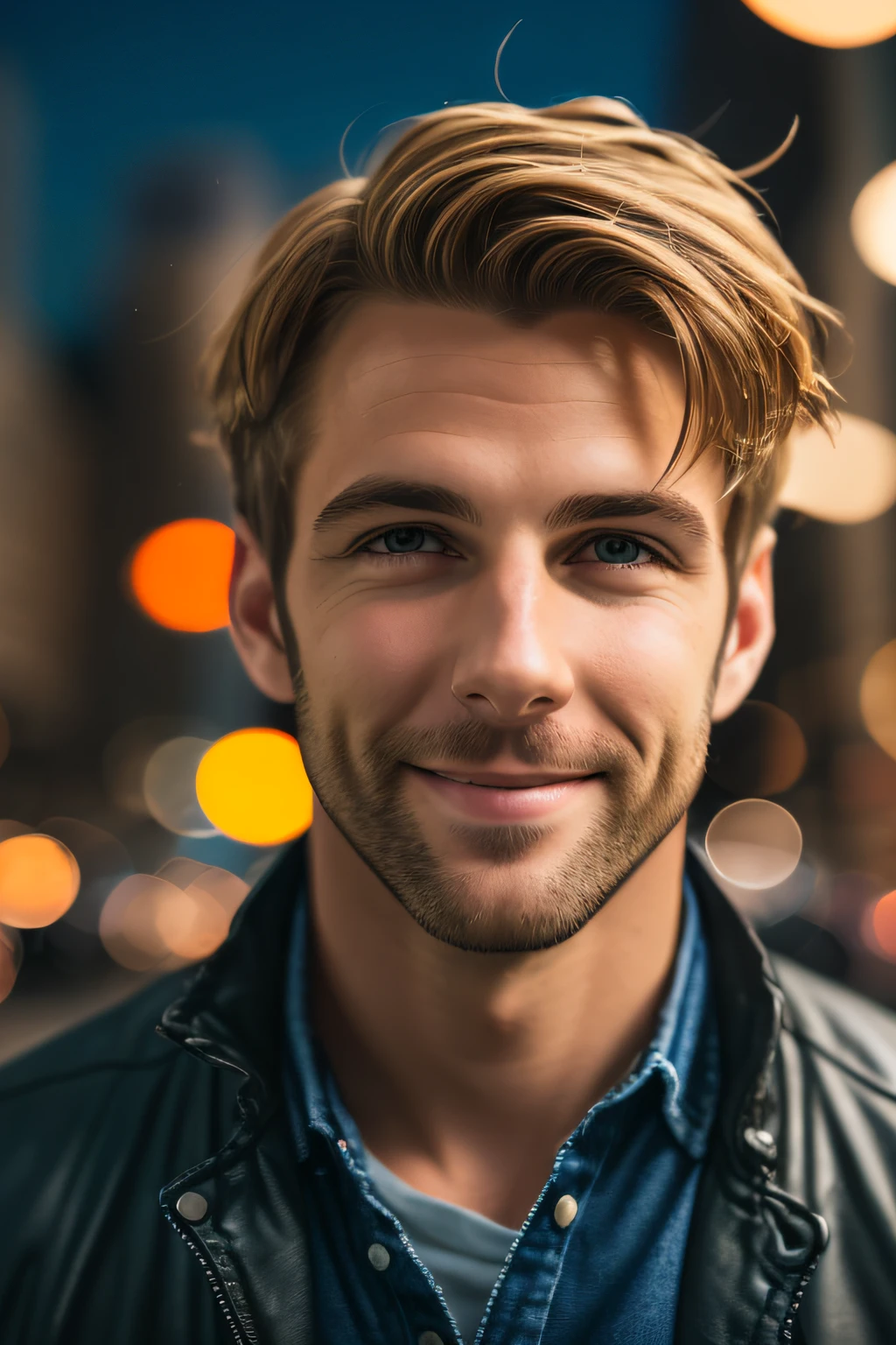 RAW 4k photo of blonde man [smiling:0.5] downtown at night, bokeh