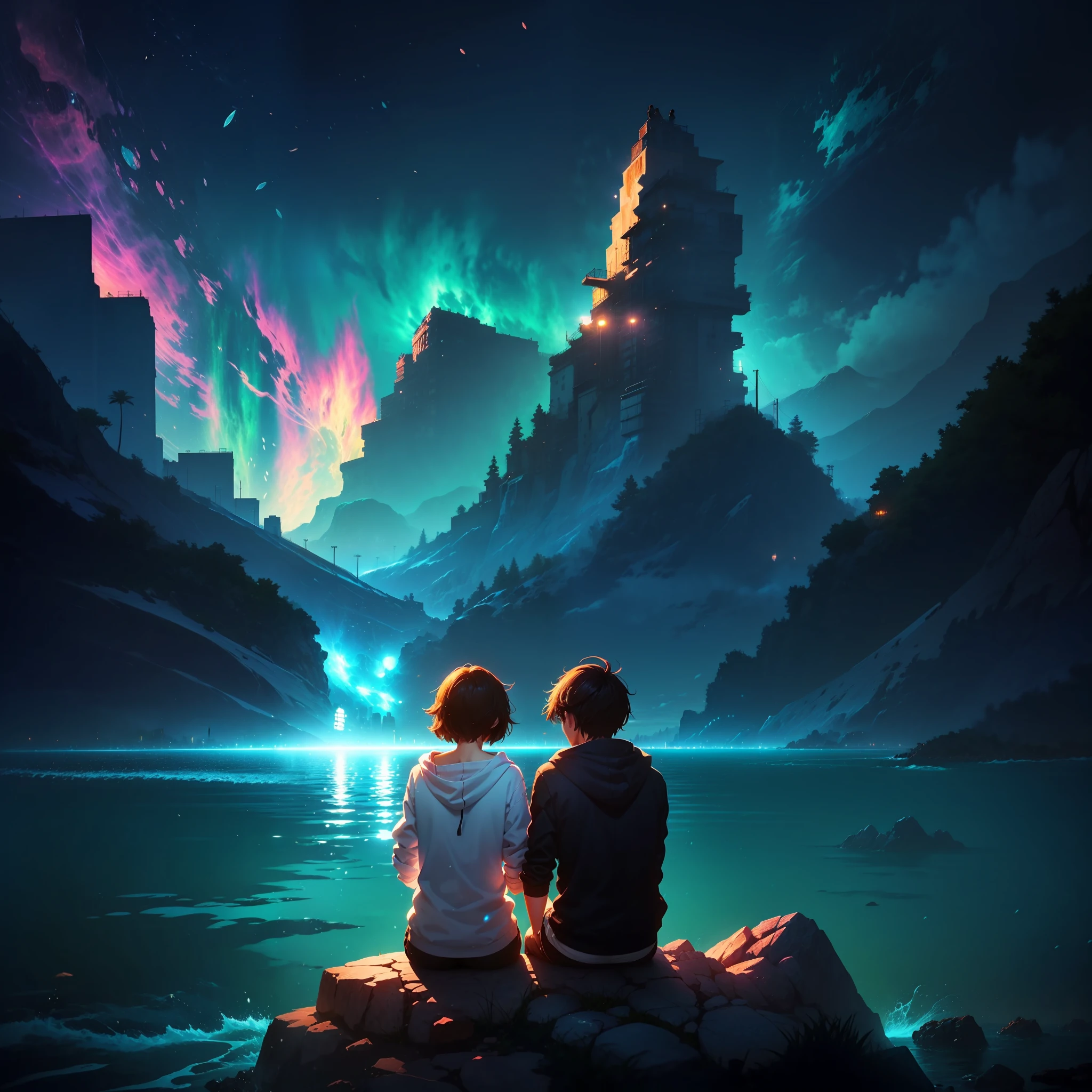 anime scene of two people sitting on a rock looking at a whale, makoto shinkai cyril rolando, guweiz and makoto shinkai, wallpaper anime blue water, ( ( makoto shinkai ) ), anime film still, makoto shinkai and bioware, blue sea. by makoto shinkai, colorful anime movie background