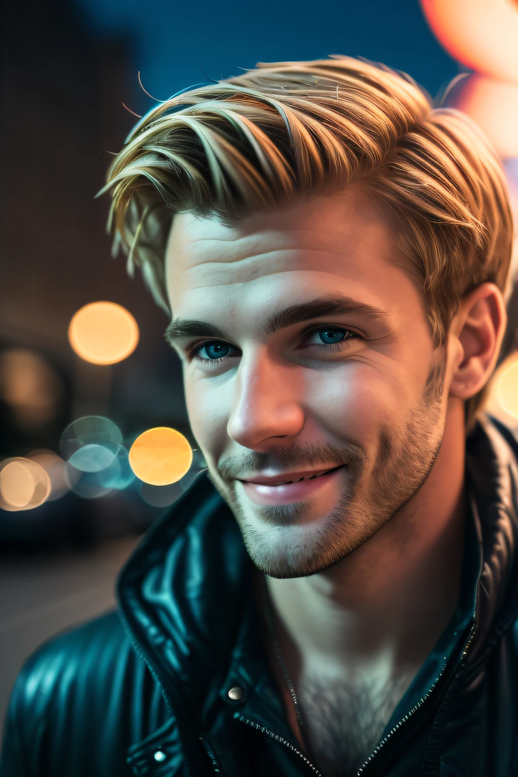 RAW 4k photo of blonde man [smiling:0.5] downtown at night, bokeh
