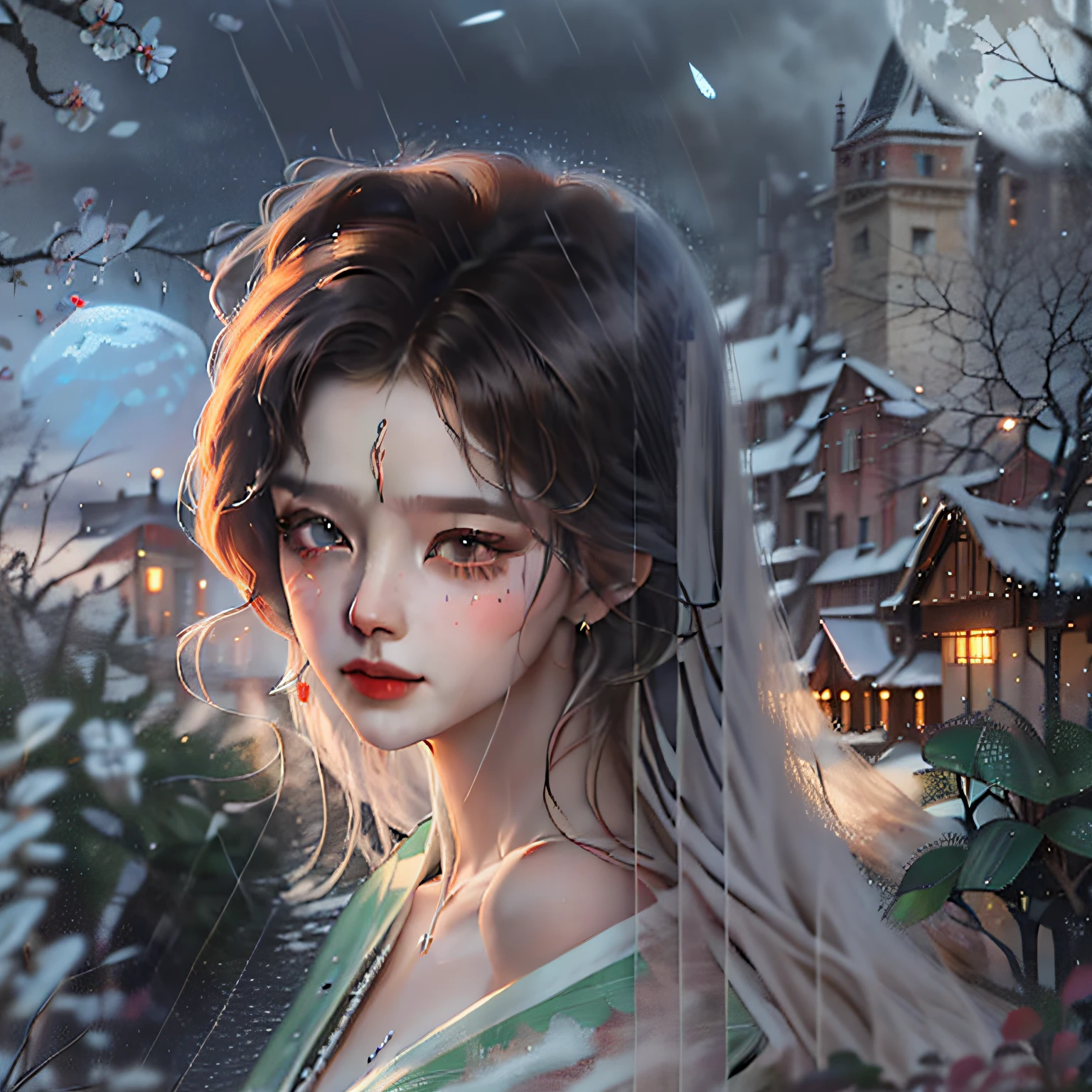 Arafed view of a village，Mountains like oil paintings，stream，tree，moon light，There are soft lights on the buildings。Fantastic Chinese town，Chinese Village，amazing wallpaper，Surreal Photo，old asian village，Raymond Han，rainy evening, Cyberpunk ancient Chinese castle, Well-lit building, In the evening in the rain, Beautiful and aesthetic, cinematography, filmes, 8k, high-detailed ((raining heavily)))