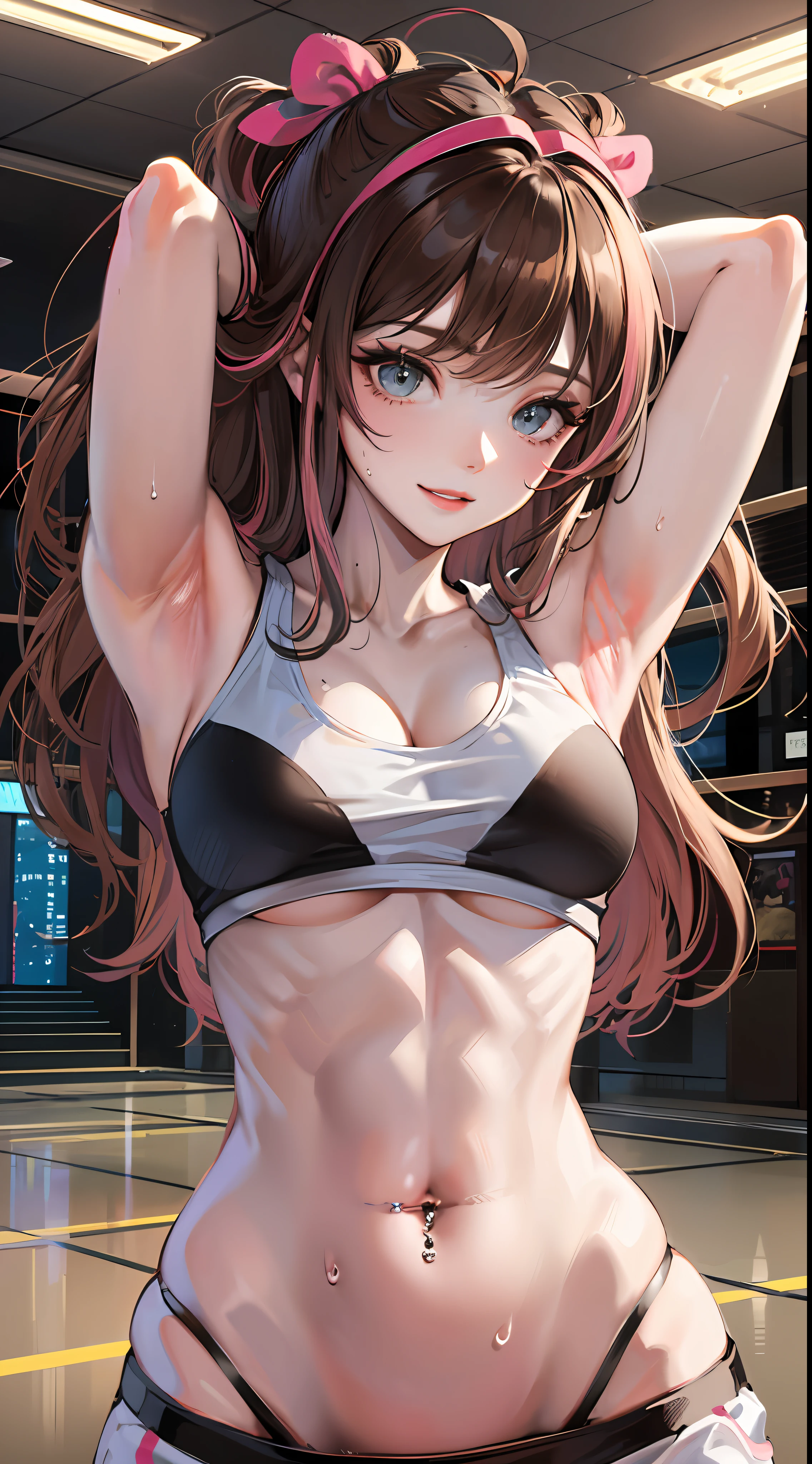 (Best quality, 8k, 32k, Masterpiece, UHD:1.2), kizuna ai, huge breasts,long hair, brown hair, multicolored hair, hair tied, pink hairband, pink highlights, streaked hair, smiling, pink sports bra, black jogging pants, navel, road, muscular abs, six packs, navel piercing, thong panties, hands behind head, sweaty armpits