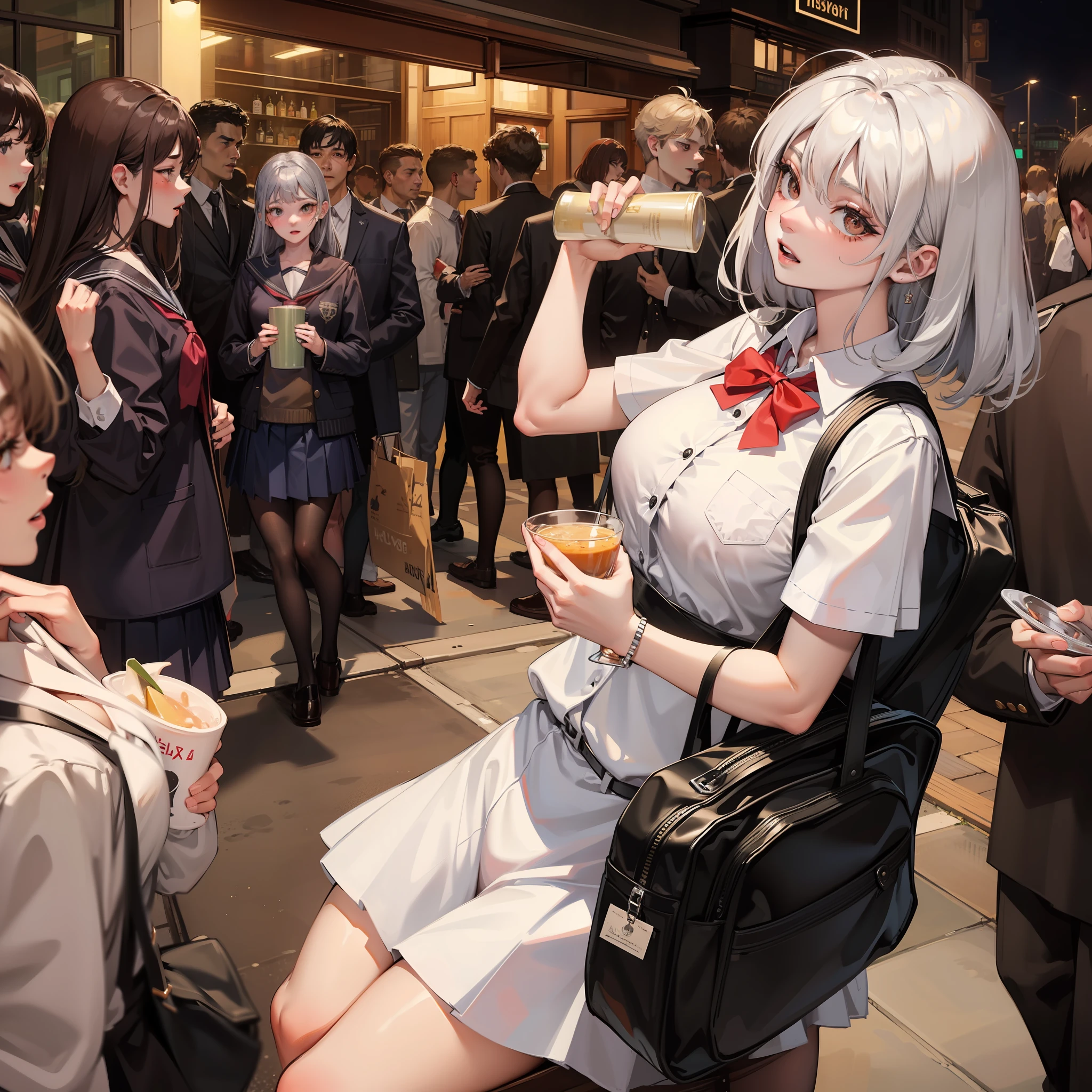 Bar doorway，Drunken teenage girl（Crimson cheeks，plump figure，Silvery-white fluffy hair，JK school uniform，），Drunk on the street，A crowd of people watched