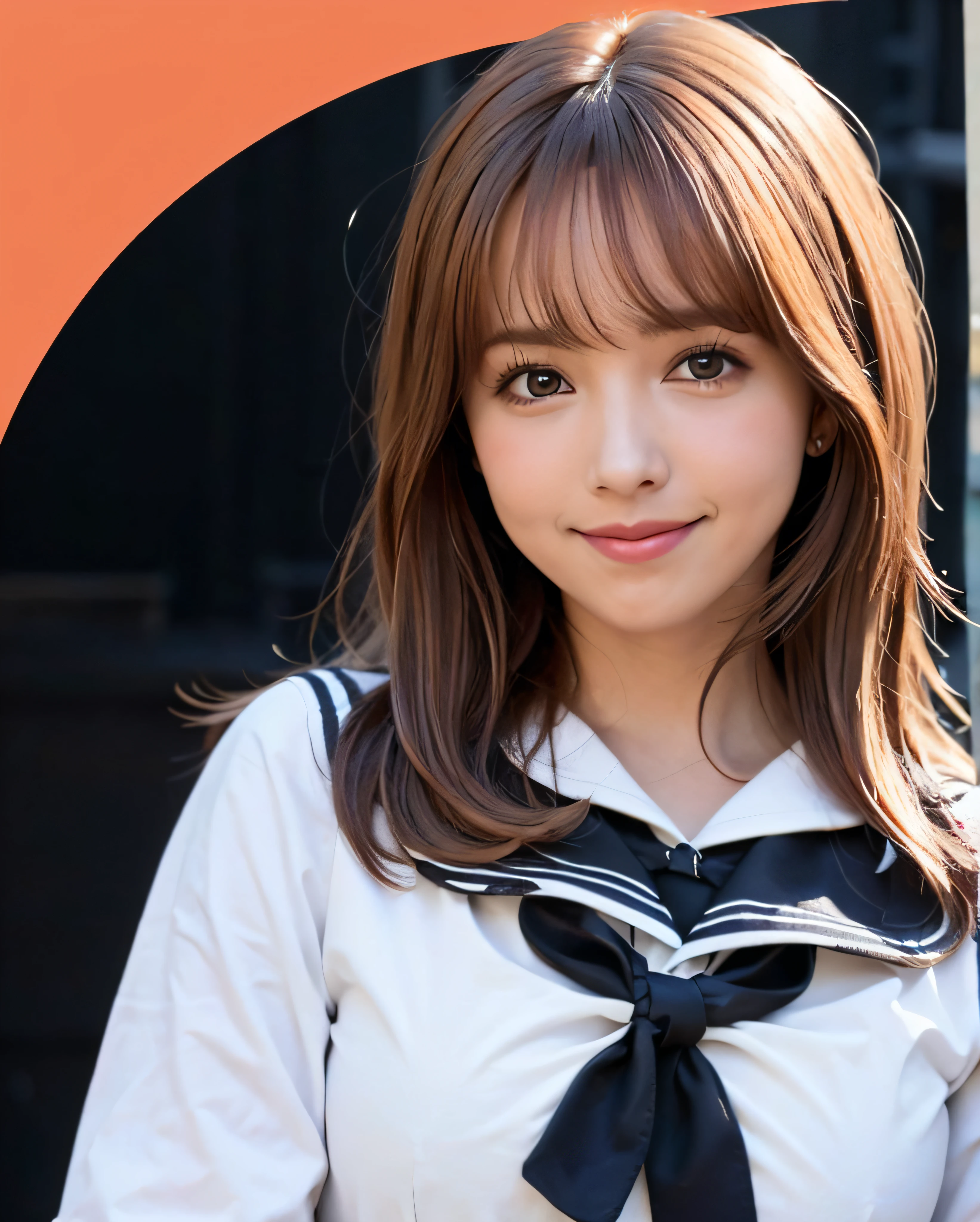 pureerosface_v1, beste Quality, photorealestic, 8K, a highres, 1girls, a women, (Skindentation), (portlate:0.6), gorgeou, dinamic pose, smile on face、((school background:1.6)), ((Medium Size Round Breast, sailor clothing:1.4)), straight-looking at viewer:1.8, (1 Girl's eyes looking at the viewer, medium-length hair, brown colored hair, Putted Bangs:1.65), (vokeh), (Keep your mouth shut:1.46),