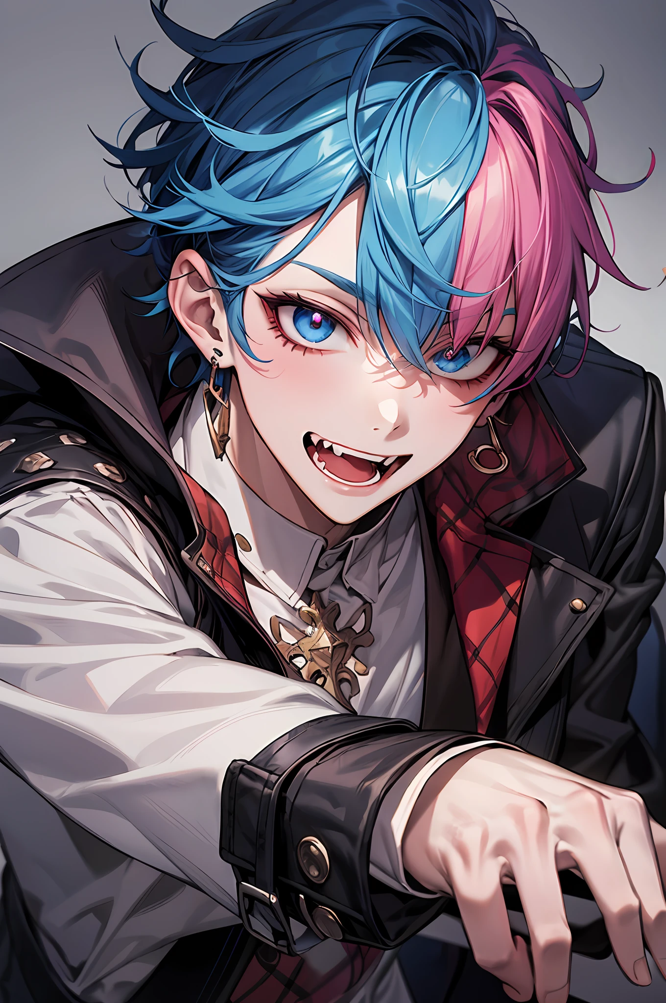 Young men，l vampire，fang，plaid，Purple lattice，Y2K，Emo style，non-mainstream，Mines are boys，Harajuku style，Exaggerated dressing，Intricate ornaments，Rock style，Gothic style，rivet，ear ring，two color hair，Pink and blue hair，Half-cut gloves，Metal jewelry，Blood，Maniacal laughter，Sick，Male，Underground idols，Male PR