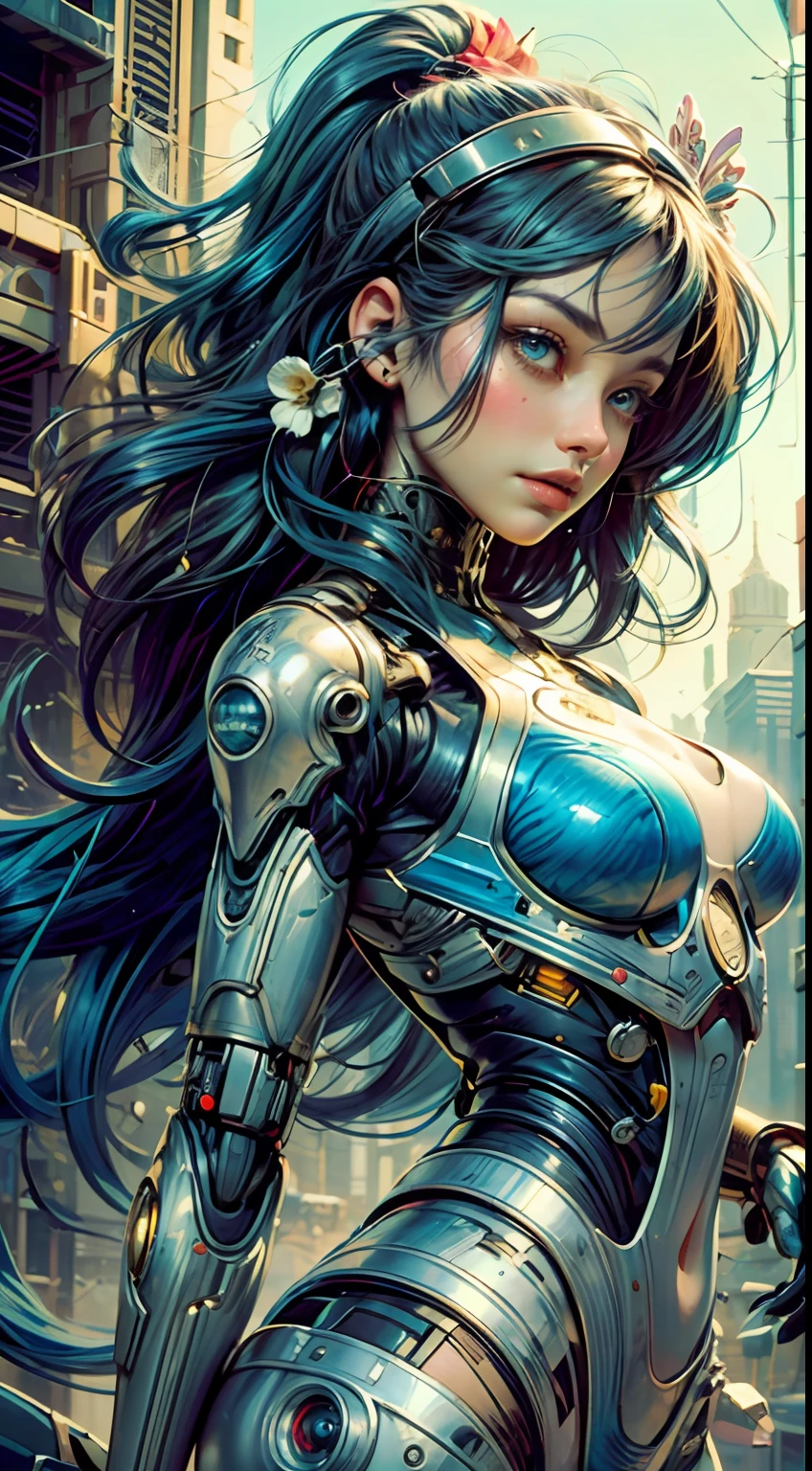 painting of a cyborg woman with a blue hair and a flower in her hair with cyber arms de costas, artgerm and james jean, anna dittmann alberto vargas, in style of anna dittmann, beautiful retro art, a beautiful artwork illustration, inspired by James Jean, james jean and wlop, james jean soft light 4 k, james jean soft light 4k, beautiful digital artwork