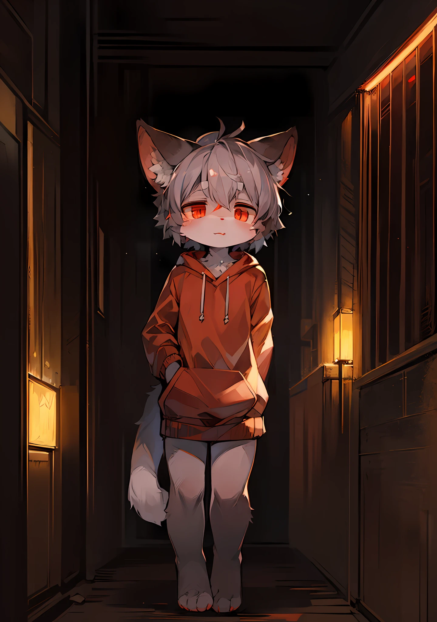 (Dark Environment: 0.8), Masterpiece, High Quality, Abstract Res, Digital Painting\(artwork\), by Dagasi, Yupa, Kiyosan, (Anthro, Fluffy Fur, Character Focus: 1.1), Anthro Male Cat, Short Hair, Portrait , bright eyes, panorama, character focus. (Detailed background: 0.7), solo, furry, furry male, male focus, anthr, (full body fur, fluffy tail, white fur, red eyes, gray hair: 1.2)