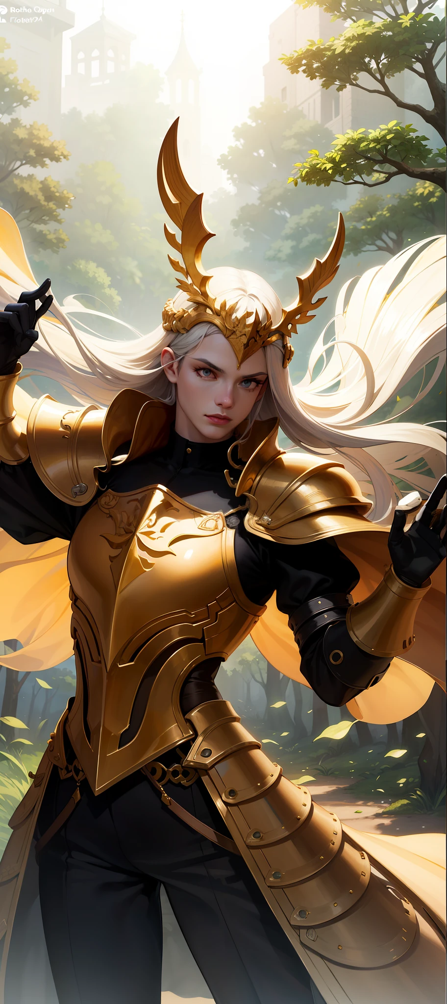 Realm of the Golden Plains:
The knights of this realm are renowned for their dexterity and elegance. They wear golden armor, bright as the sun, with carved details reminiscent of fields of wheat. Their long capes, in shades of gold and yellow, flow in the wind as they ride. They wield ornate spears and shields studded with precious gems. In addition, they wear helmets adorned with falcon feathers, symbolizing freedom and speed. Obra-prima, melhor qualidade, alta qualidade, highres: 1.4), detalhado, extremamente detalhado, soft ambient lighting, 4K, desfocado, fundo desfocado, profundidade de campo, bokeh, DOF, fog, bloom
Ao ar livre, (Natureza, floresta de fantasia:1.2), (Rochas:1.2),