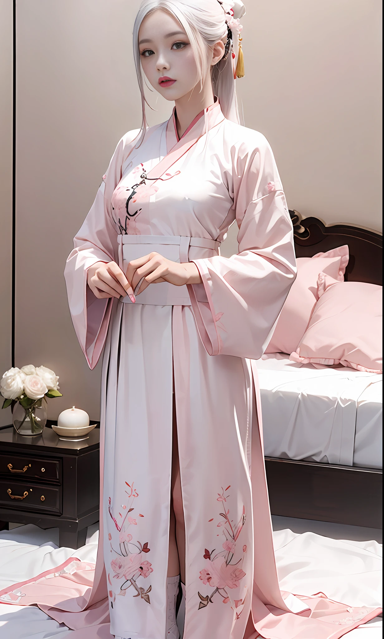 Chinese style, white hair, Chinese clothing, Tang style Hanfu, Hanfu, ((((pink and white skirt)), embroidery, over-the-knee socks, high heels, interior, bed