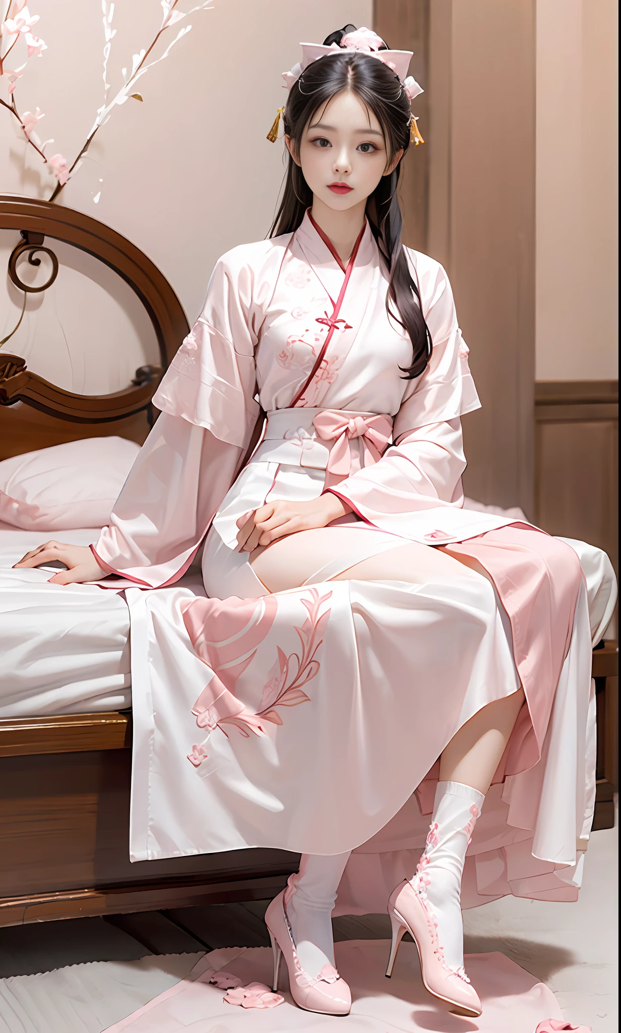 Chinese style, white hair, Chinese clothing, Tang style Hanfu, Hanfu, ((((pink and white skirt)), embroidery, over-the-knee socks, high heels, interior, bed