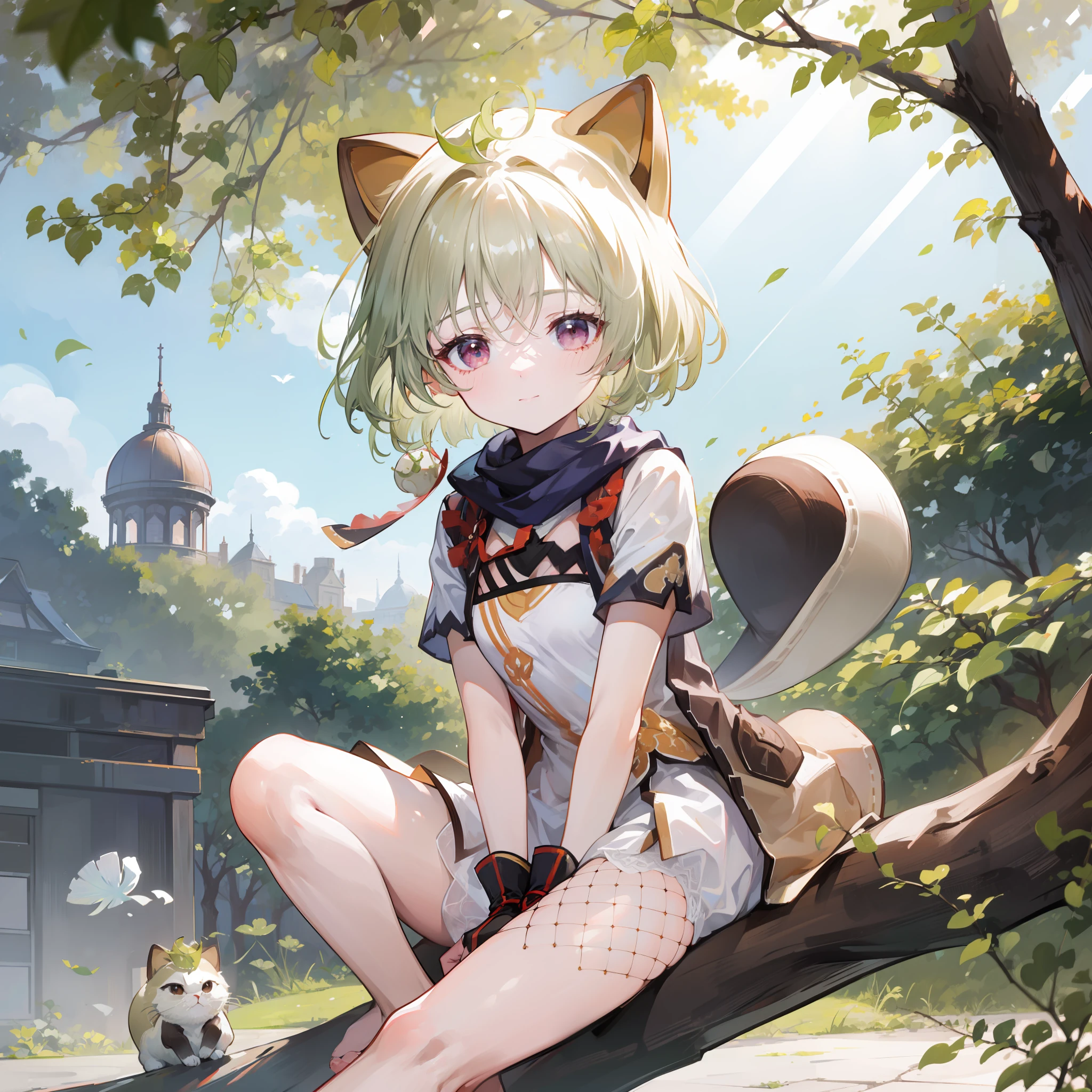 ((Masterpiece,Best quality)),1girls, solo, Animal ears, hare, barefeet, Knees raised, skirts, Seated position, rabbit ear, short sleeve, looks at the viewer, meadows, bobcut hair, smiled,  puff sleeves,out door，Fluffy short sleeves，Hair bangs，On the ground，Um corpo inteiro，animals，white one-piece dress，sunbeam，Dappled sunlight，During the Day，depthoffield，Panty