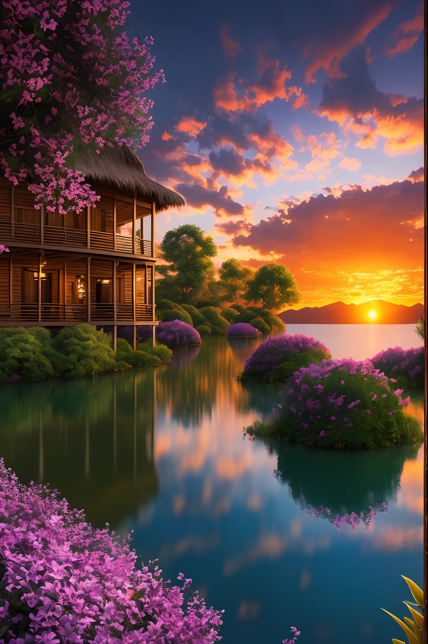 (masterpiece, best quality, ultra-detailed CG unity 8k wallpaper) A cabana junto ao lago reflete surrealismo e realismo em harmonia, with people relaxing and having fun at sunset. The special lighting as on a film set increases the feeling of tranquility in a spectacular landscape.