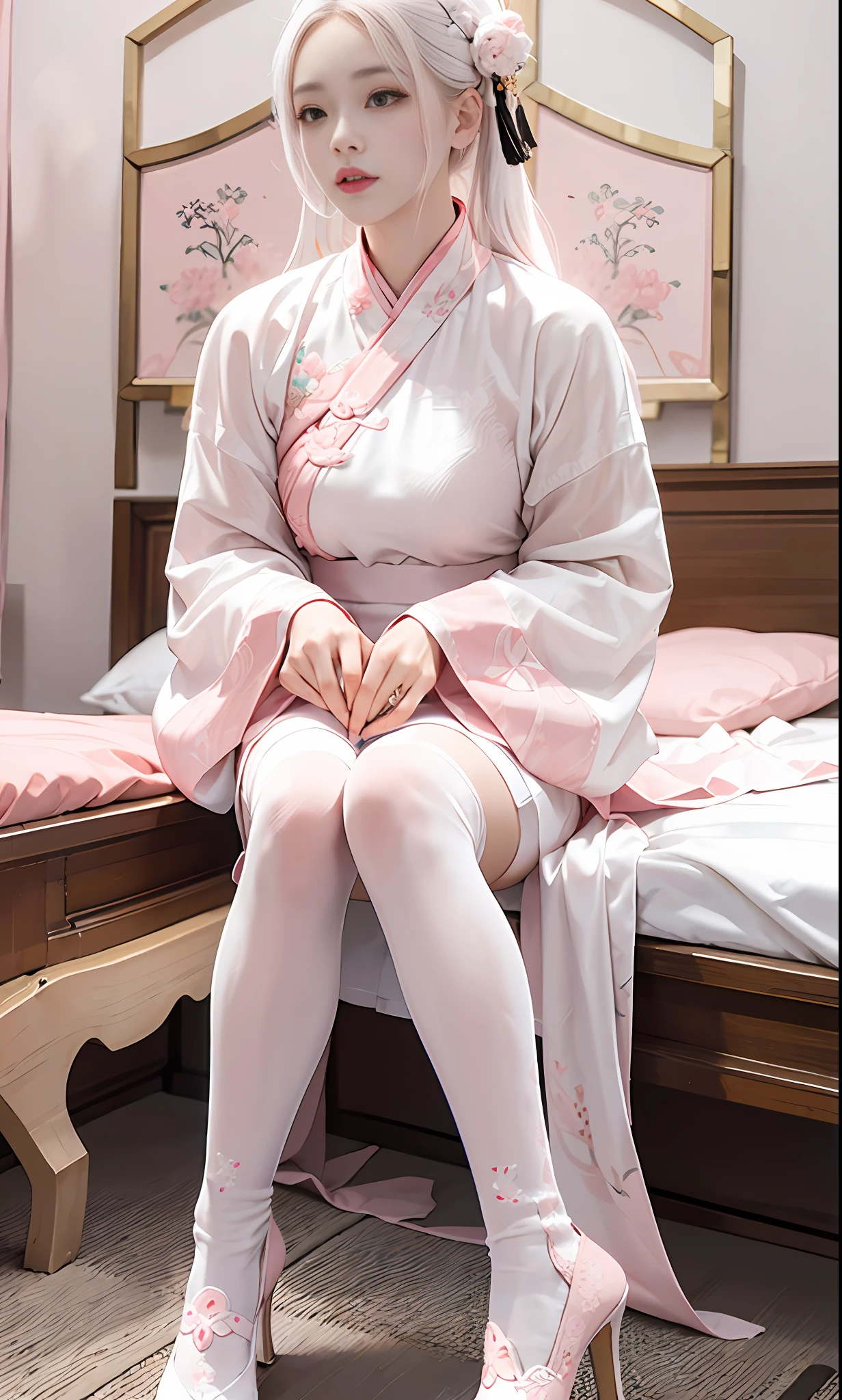 Chinese style, white hair, Chinese clothing, Tang style Hanfu, Hanfu, ((((pink and white skirt)), embroidery, over-the-knee socks, high heels, interior, bed