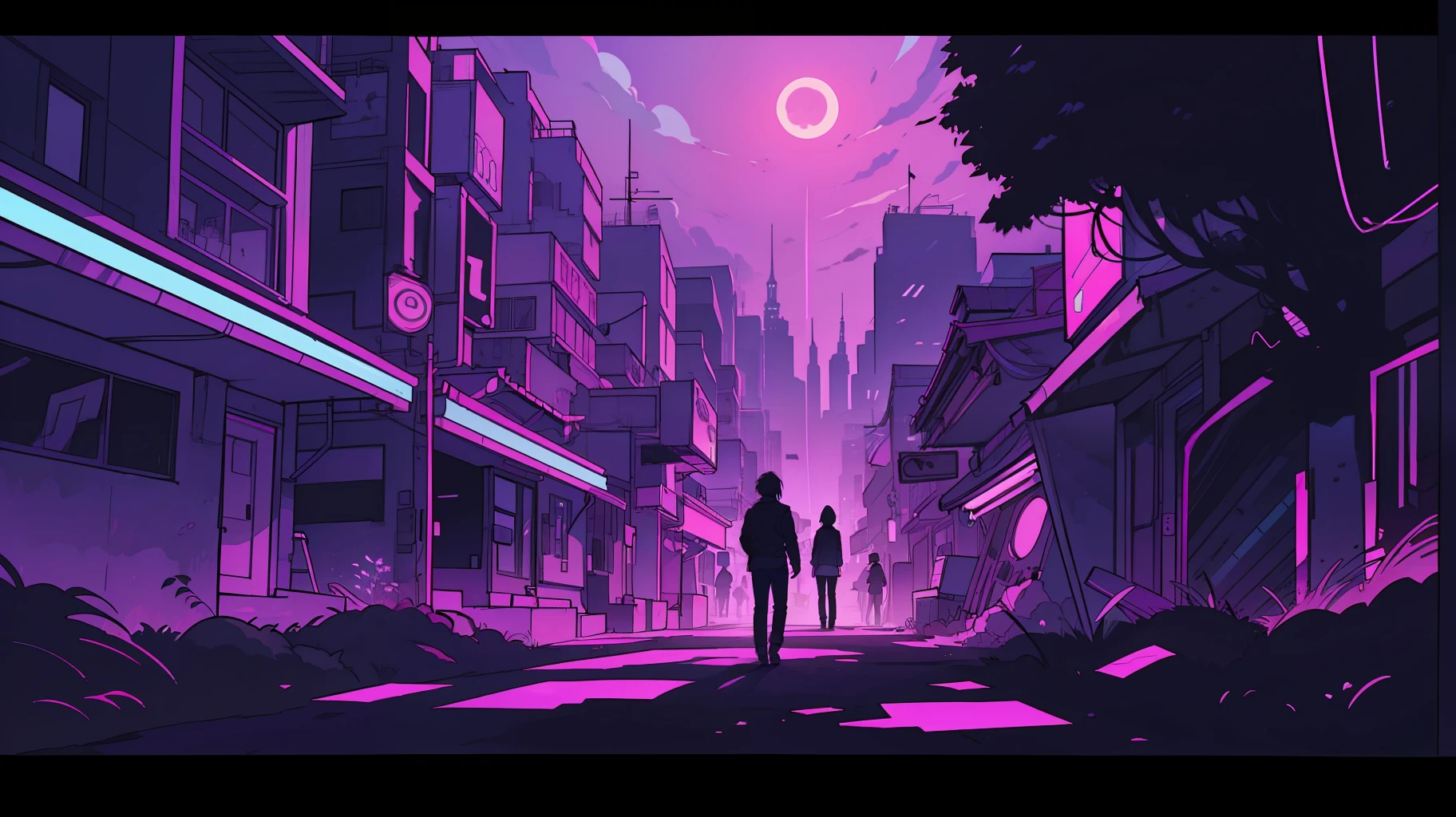 Scenery with black and neon purple tones, arte no estilo manhwa