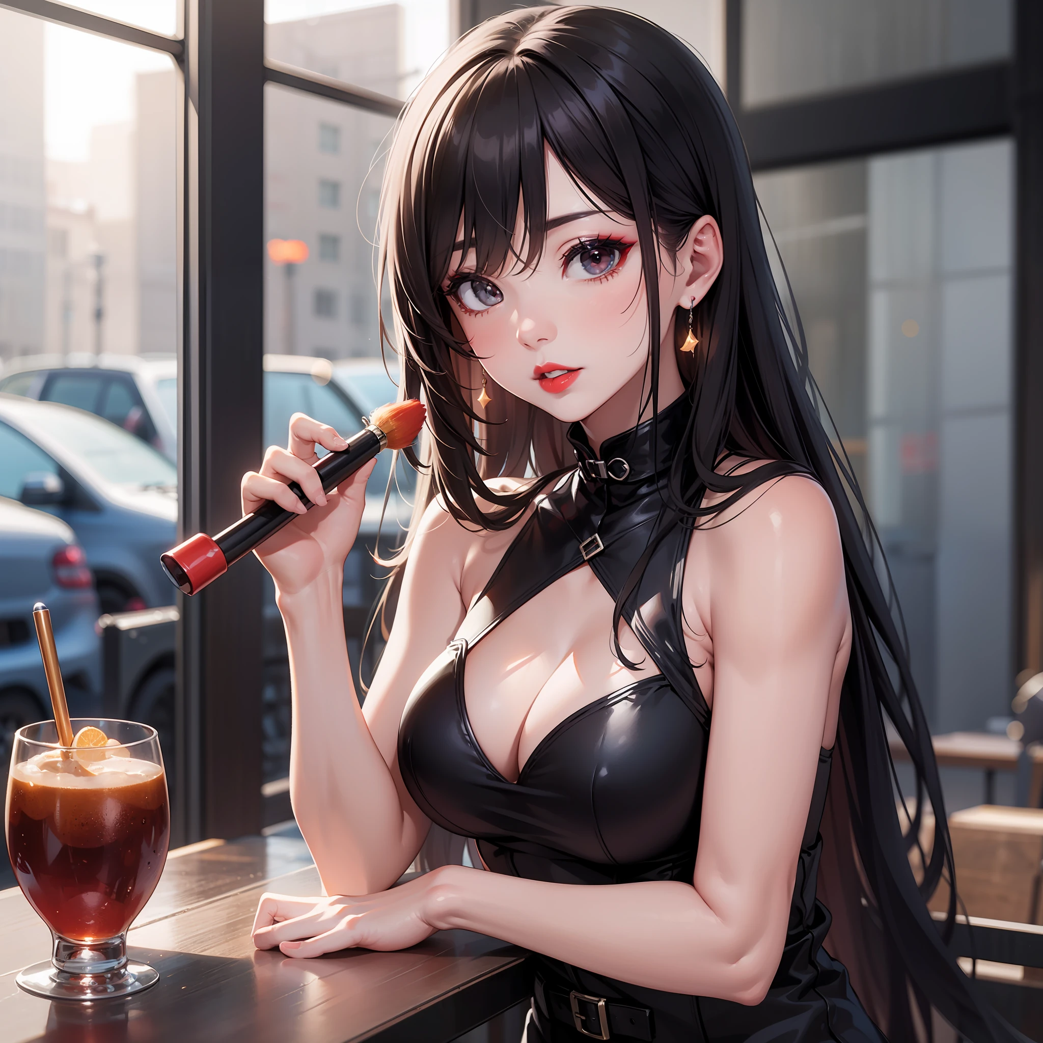 Top image quality　Original Characters、Black long hair、Sexy makeup、Red summer clothes、Glossy red lip gloss、Volume Lighting、Engine depot、line