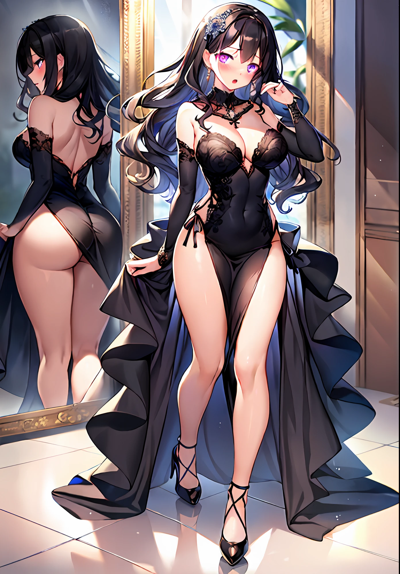 (masterpiece, reflections, atmospheric lighting, dynamic lighting), best quality, 1girl, perfect figure, perfect body, perfect face, black hair, long luscious curly hair, purple eyes, glowing void eyes, delicate fingers, blushing, shy, embarrassed, lewd, open mouth, black crown, jewel crown, black dress, strapless dress, slit leg dress, wedding dress, evening dress, lingerie dress, black high heels