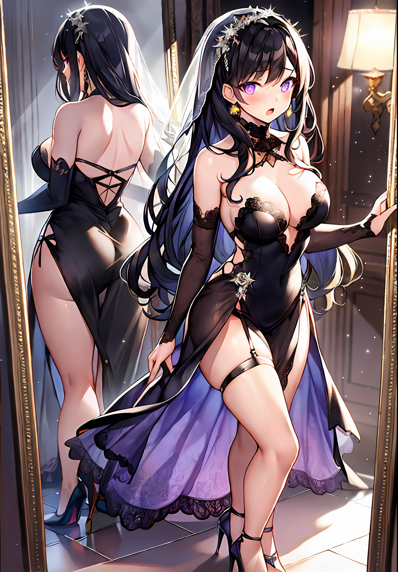 (masterpiece, reflections, atmospheric lighting, dynamic lighting), best quality, 1girl, perfect figure, perfect body, perfect face, black hair, long luscious curly hair, purple eyes, glowing void eyes, delicate fingers, blushing, shy, embarrassed, lewd, open mouth, black crown, jewel crown, black dress, strapless dress, slit leg dress, wedding dress, evening dress, lingerie dress, black high heels