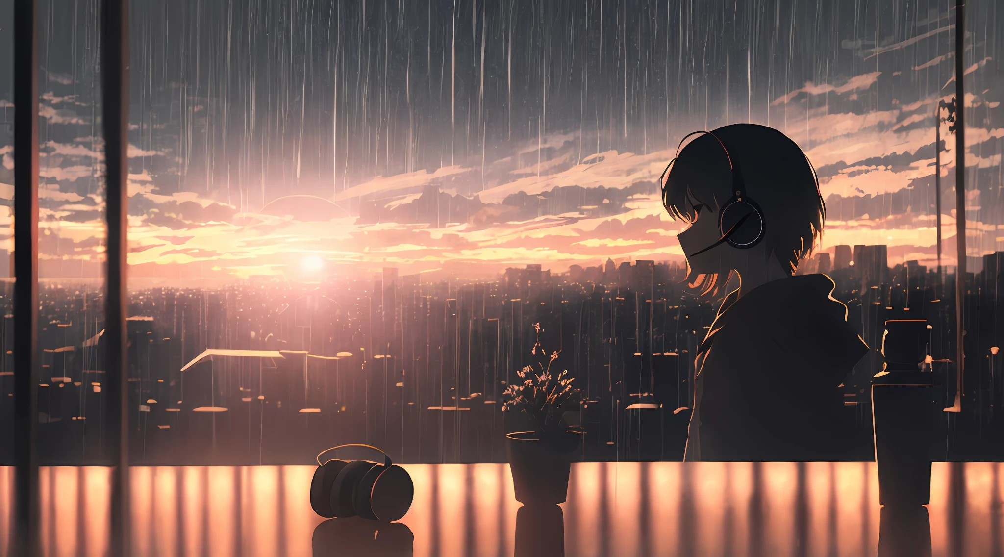 um homem, em seu quarto, Deitado na cama, Listening to music with headphones, anime atmospheric, tempo chuvoso, anime atmospheric, Aesthetics of rain, raining outside, Dia chuvoso do lado de fora do quarto, rainy afternoon with sunset, rainy day with sunset outside, Elogio Artstyle , Anime aesthetics, homem lofi, artistic. anime vibes, Arte Lofi, Anime Art Wallpaper 4K, Anime Art Wallpaper 4K