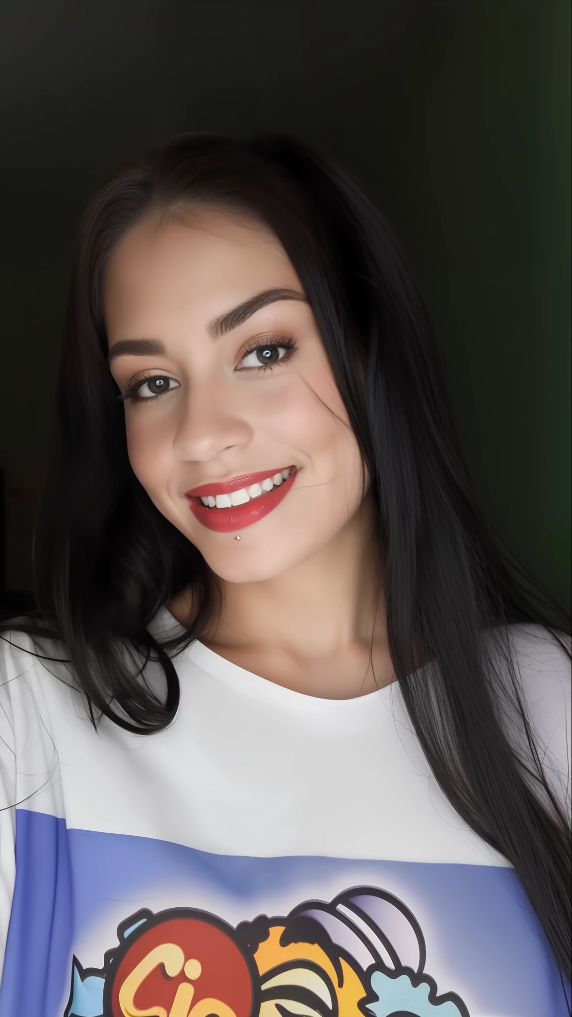 there is a woman that is smiling and posing for a picture, Ayahausca, imagem frontal, Malika Favre, Directed by: Nandor Soldier, cheeky smile with red lips, Alanis Guillen, Marischa Becker, red lips, Batom vermelho no rosto, imagem de perfil, Angiewolf, Foto realista, cabelo e maquiagem escuros