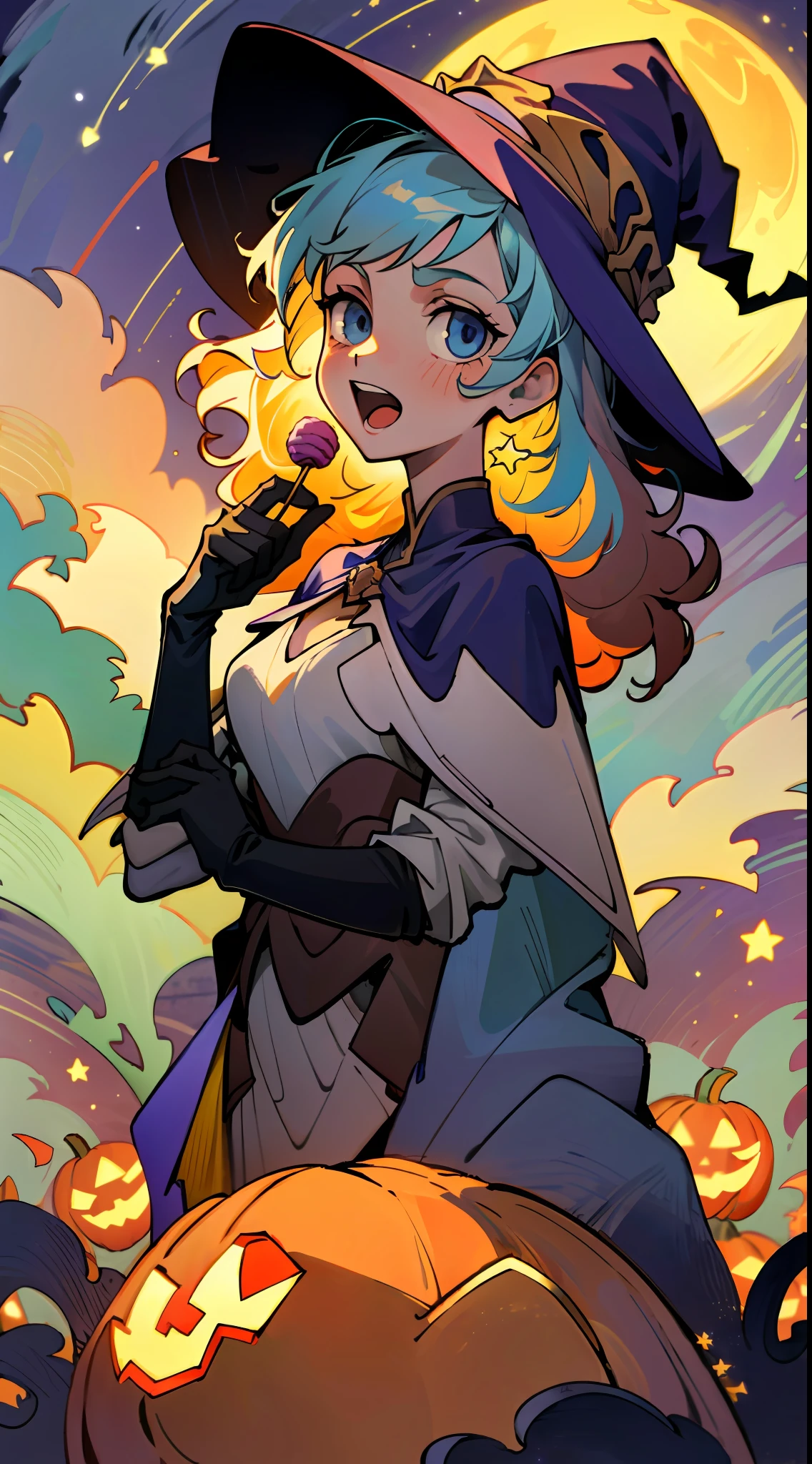 ((masterpiece:1.2, best quality)), 1girl, solo, (witch hat), a close up of a girl with curly hair, dress, aurora, night, star (sky), gloves, sky, dress, night sky, open mouth, starry sky, light blue eyes, ribbons, smile, cape, colorful hair, magic, casting spell, night, (impressionism:1.4), alphonse mucha, Halloween colors, colorful candy, magical lights, pumpkins, candies