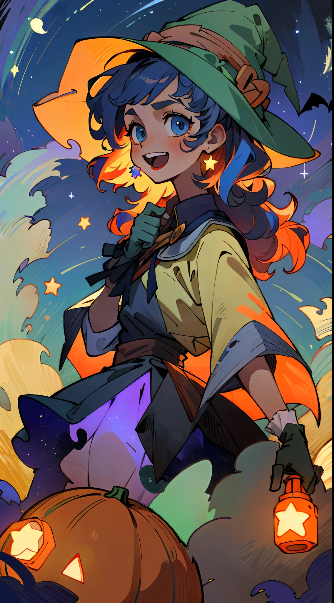 ((masterpiece:1.2, best quality)), 1girl, solo, (witch hat), a close up of a girl with curly hair, dress, aurora, night, star (sky), gloves, sky, dress, night sky, open mouth, starry sky, light blue eyes, ribbons, smile, cape, colorful hair, magic, casting spell, night, (impressionism:1.4), alphonse mucha, Halloween colors, colorful candy, magical lights, pumpkins, candies