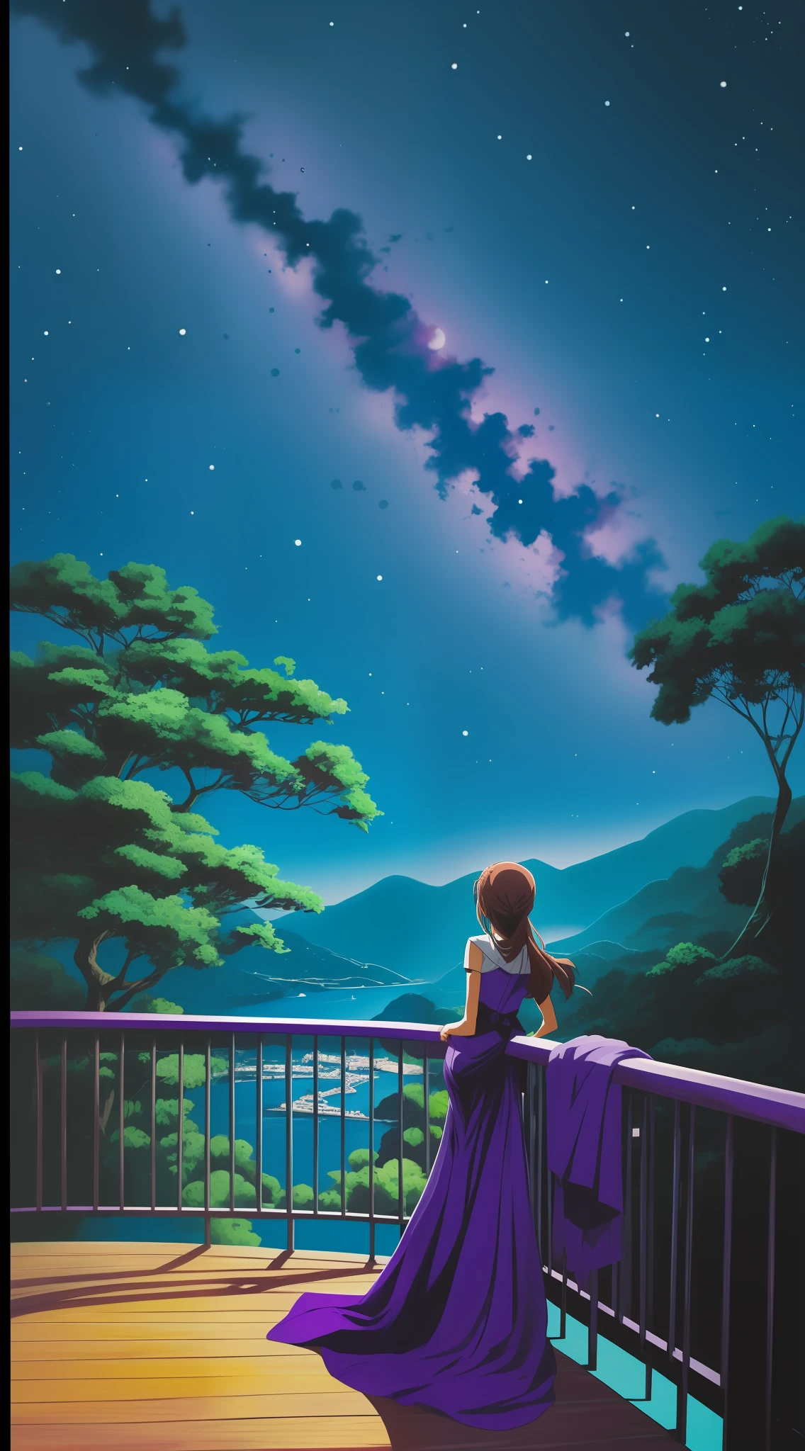 "(),(Estilo anime),(Costa),(watching the galaxy from the balcony),(Estilo de pintura),(tons de azul e roxo), Scenarios in shades of blue and purple. Muitas estrelas."