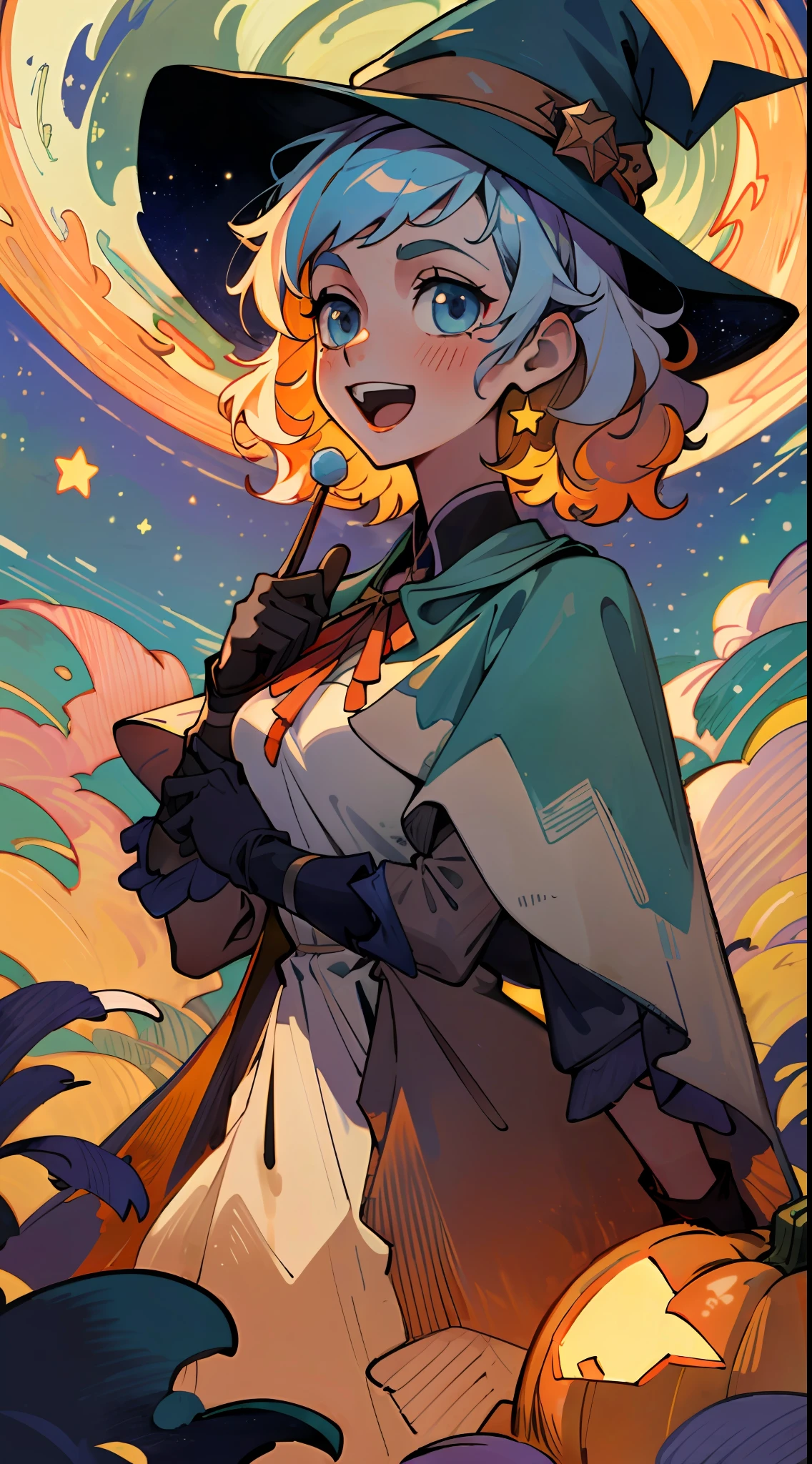 ((masterpiece:1.2, best quality)), 1girl, solo, (witch hat), a close up of a girl with curly hair, dress, aurora, night, star (sky), gloves, sky, dress, night sky, open mouth, starry sky, light blue eyes, ribbons, smile, cape, colorful hair, magic, casting spell, night, (impressionism:1.4), alphonse mucha, Halloween colors, colorful candy, magical lights, pumpkins, candies
