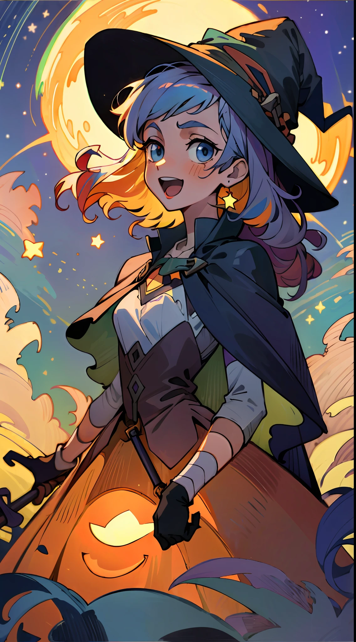 ((masterpiece:1.2, best quality)), 1girl, solo, (witch hat), a close up of a girl with curly hair, dress, aurora, night, star (sky), gloves, sky, dress, night sky, open mouth, starry sky, light blue eyes, ribbons, smile, cape, colorful hair, magic, casting spell, night, (impressionism:1.4), alphonse mucha, Halloween colors, colorful candy, magical lights, pumpkins, candies