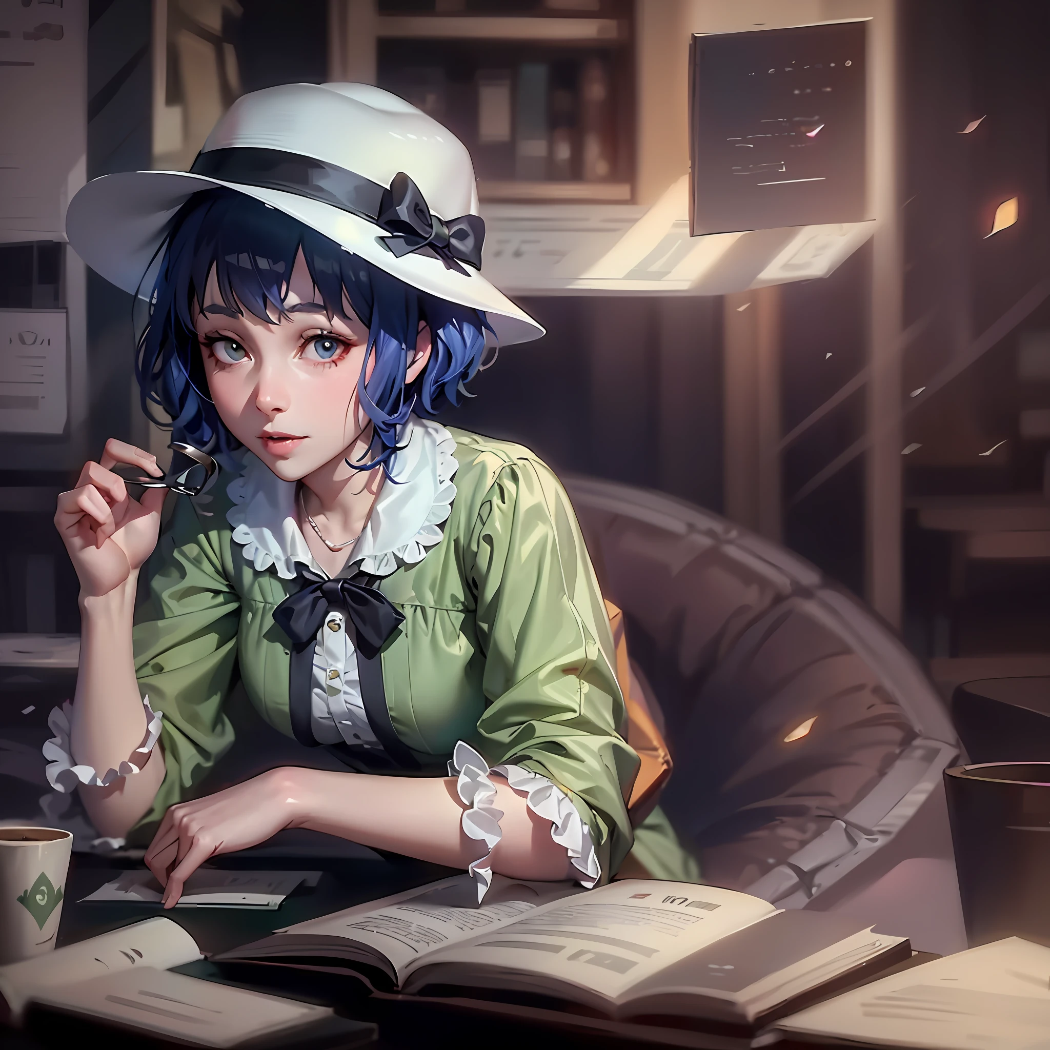 there is a woman sitting at a table with a book and a cup of coffee, Arte no estilo de Guweiz, garota misteriosa da cafeteria, arte digital estilo anime, Guweiz em Pixiv ArtStation, Digital anime illustration, anime moe artstyle, Arte digital no Pixiv, Guweiz em ArtStation Pixiv, Anime Art Wallpaper 8K