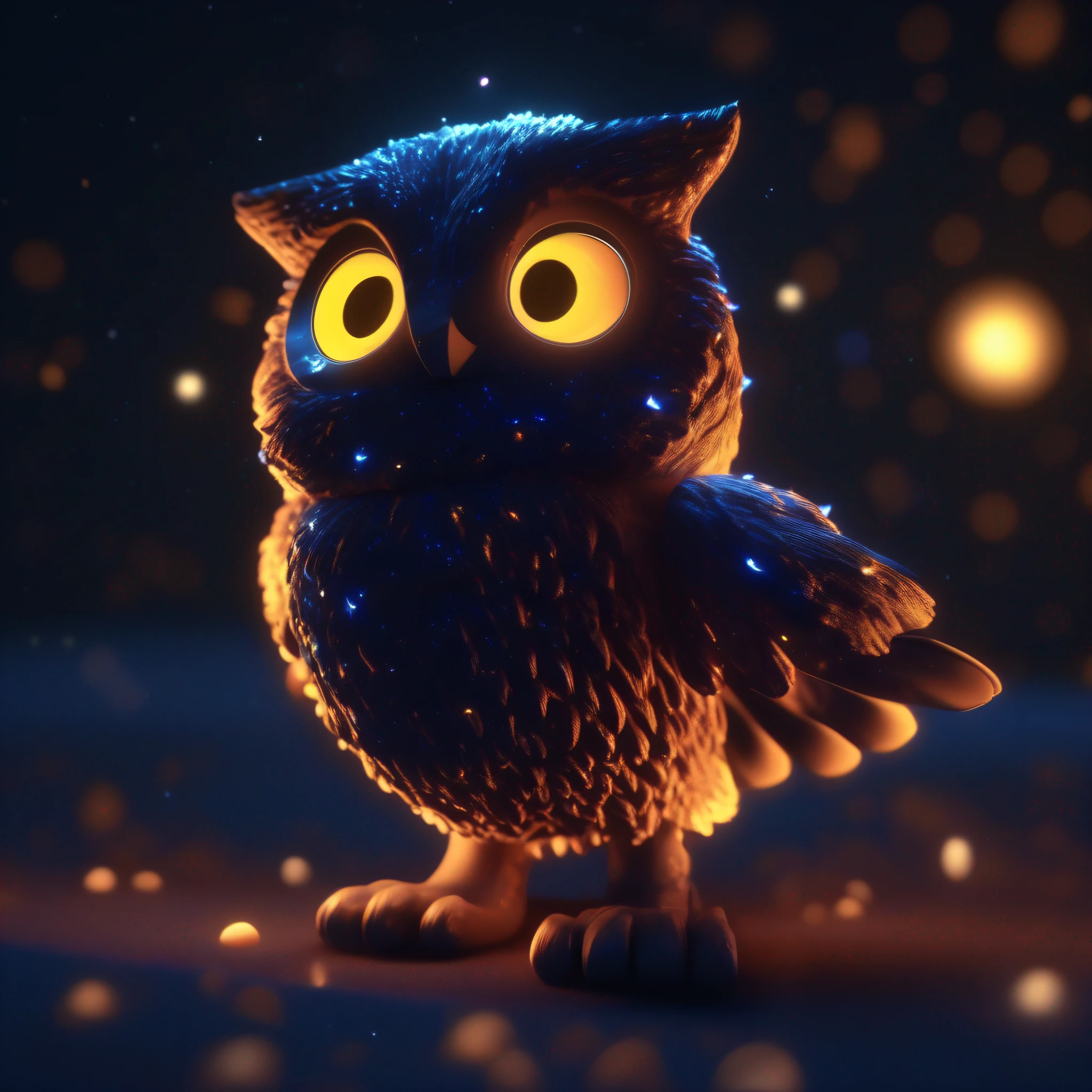 (Octane Render:1.2, Unreal Engine 5:1.1), (estilo kodak:1.2), Coruja noturna, enchendo a tela em primeiro plano, noite estrelada ao fundo, efeito de luz misteriosa, nebulosa roxa, textura suave e delicada na plumagem, detalhes ultra-detalhados nos olhos e penas, atmosfera envolvente e encantadora.