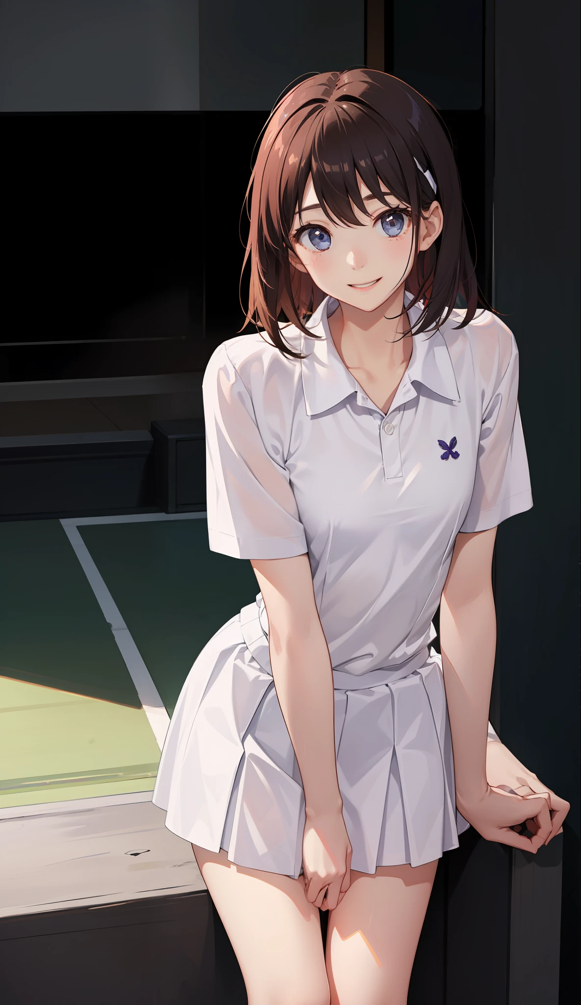 １The girls、shirts、preated skirt、17yearsold、Bob Hair Style、smile on face、delightful!、Japanese people、enmaided、Chromo-white skin、Beautiful Eyes、（small tits）、throb、Wimbledon、（Wearing white tennis wear）、Bright lighting、Vents、the sun、Various hair colors、