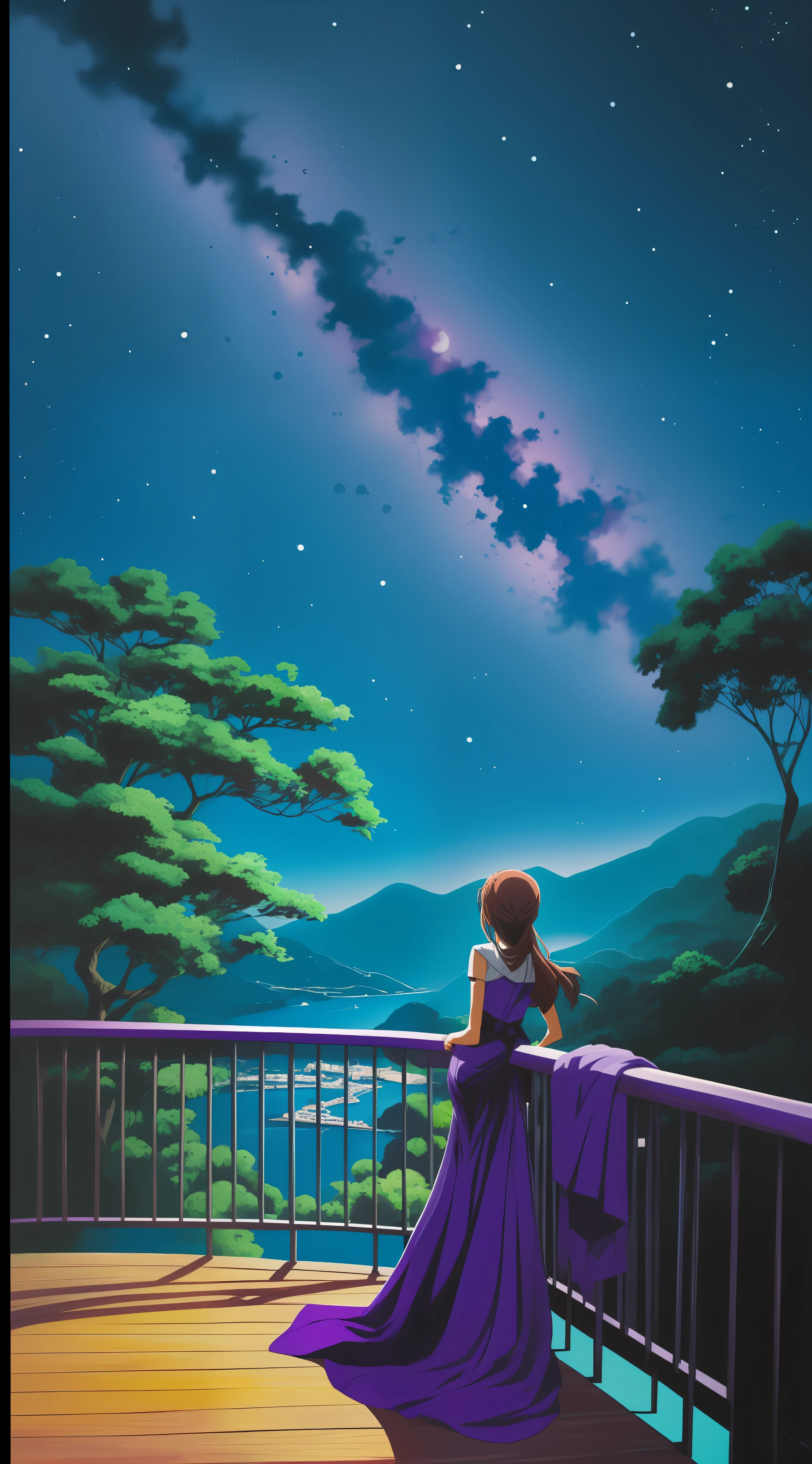 "(Menina),(Estilo anime),(Costa),(watching the galaxy from the balcony),(Estilo de pintura),(tons de azul e roxo), Scenarios in shades of blue and purple. Muitas estrelas."