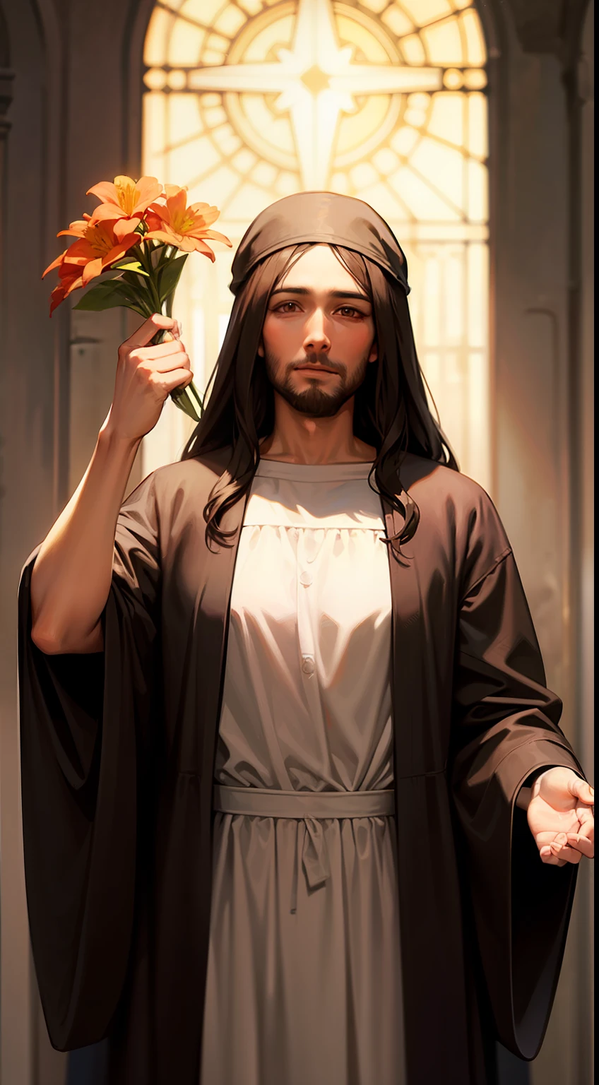 Jesus Christ holding a bright flower