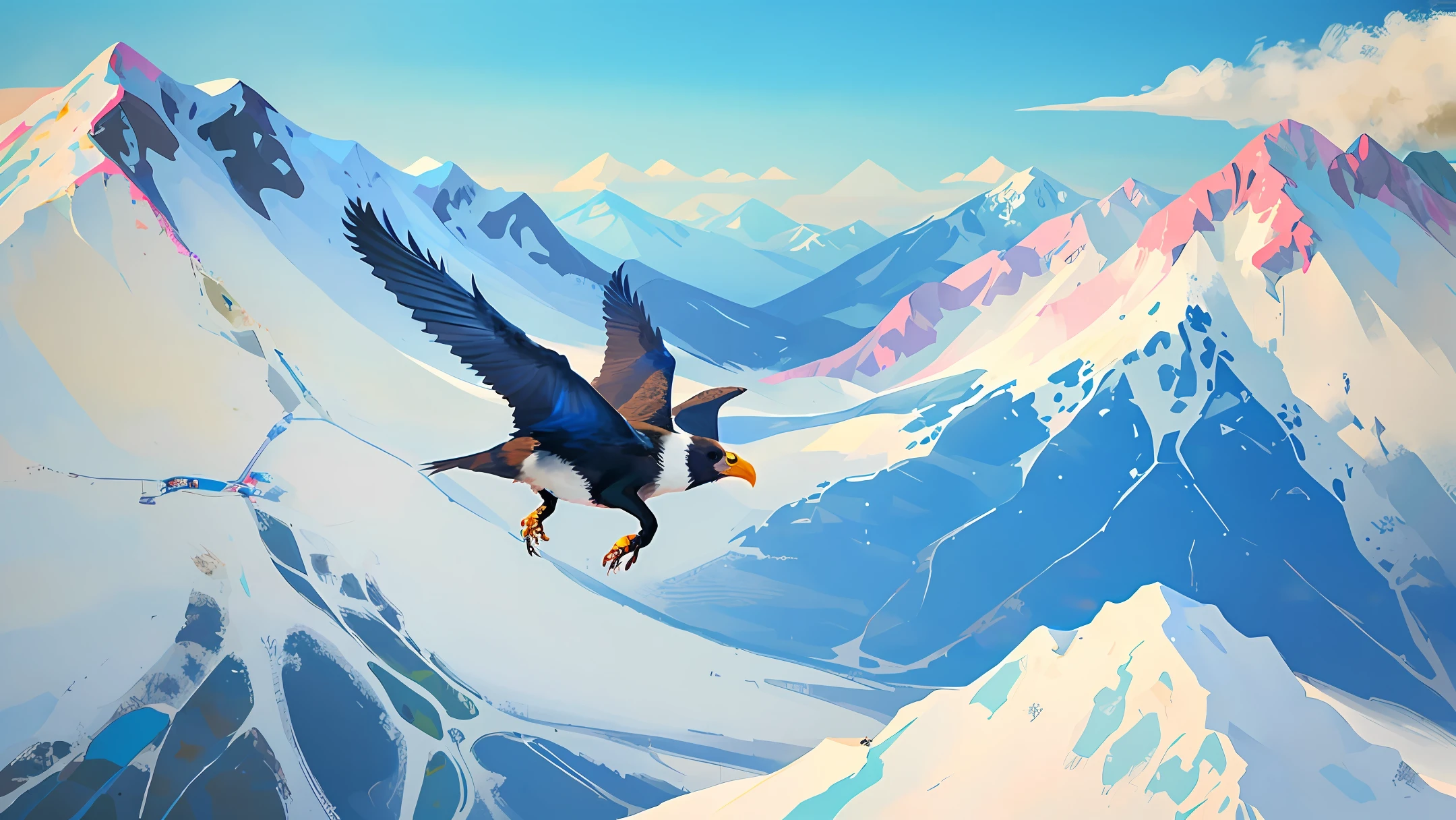 Condor flying in the sky near the mountain ranges with snow on the summit, com muitas cores e pintura realista