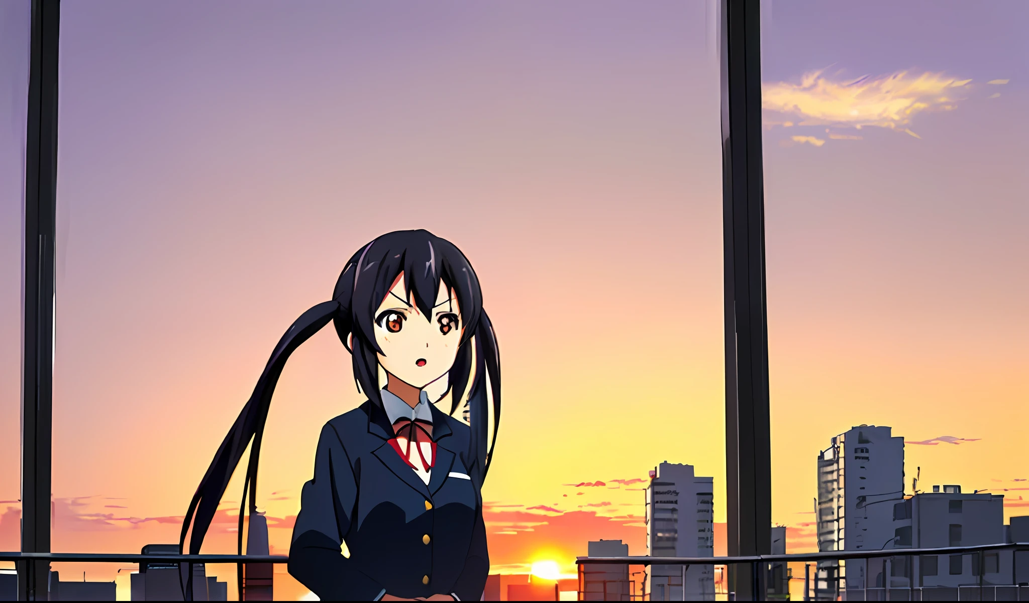 1girl, ((((Masterpiece))), Best Quality, Best Quality, High Detail, Azusa Nakano, 1girl, Sakuragaoka High School Uniform, Musical Instrument, School Uniform, Twin Tails, Long Hair, Black Hair, Brown Eyes, Solo, Red, Dark blue blazer with a thin ribbon of red, Solid white button shirt under blazer, Illustration, Cartoon, Soothing tones, Muted colors, Soft cinematic light, Adobe Lightroom, Photo Lab, HDR, complex and highly detailed, (((depth of field))))). (((Masterpiece))). (((highest quality))).) ((super detail))). (((Illustration))). (((fighting stance))).,((((Gigantic))).dynamic focus. (((skyscrapers))). (((Cityscape))). (((Despair Face))). open mouth. (((Sunset))). (((Sunset))). (((clench fists))). (((Proud))). (((small breasts))).