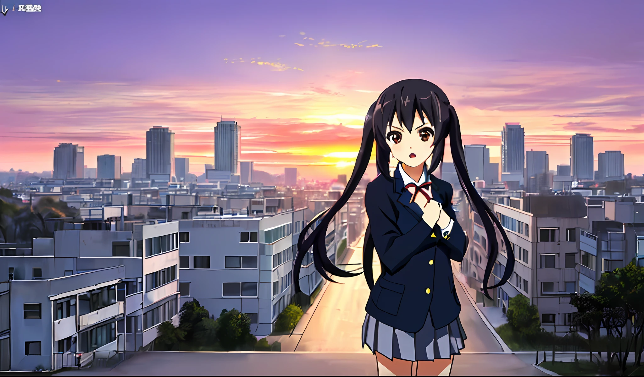 1girl, ((((Masterpiece))), Best Quality, Best Quality, High Detail, Azusa Nakano, 1girl, Sakuragaoka High School Uniform, Musical Instrument, School Uniform, Twin Tails, Long Hair, Black Hair, Brown Eyes, Solo, Red, Dark blue blazer with a thin ribbon of red, Solid white button shirt under blazer, Illustration, Cartoon, Soothing tones, Muted colors, Soft cinematic light, Adobe Lightroom, Photo Lab, HDR, complex and highly detailed, (((depth of field))))). (((Masterpiece))). (((highest quality))).) ((super detail))). (((Illustration))). (((fighting stance))).,((((Gigantic))).dynamic focus. (((skyscrapers))). (((Cityscape))). (((Despair Face))). open mouth. (((Sunset))). (((Sunset))). (((clench fists))). (((Proud))). (((small breasts))).