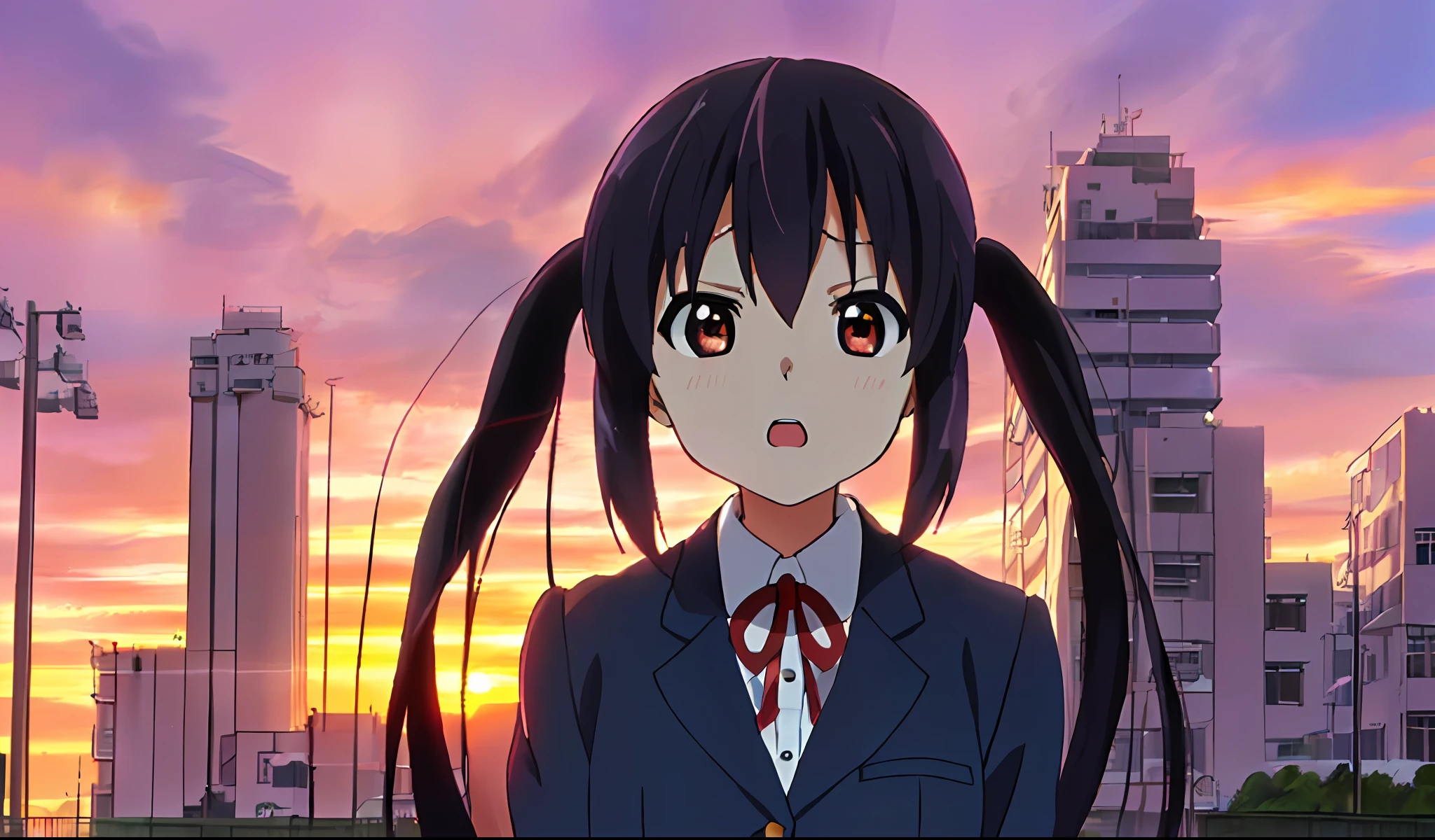 1girl, ((((Masterpiece))), Best Quality, Best Quality, High Detail, Azusa Nakano, 1girl, Sakuragaoka High School Uniform, Musical Instrument, School Uniform, Twin Tails, Long Hair, Black Hair, Brown Eyes, Solo, Red, Dark blue blazer with a thin ribbon of red, Solid white button shirt under blazer, Illustration, Cartoon, Soothing tones, Muted colors, Soft cinematic light, Adobe Lightroom, Photo Lab, HDR, complex and highly detailed, (((depth of field))))). (((Masterpiece))). (((highest quality))).) ((super detail))). (((Illustration))). (((fighting stance))).,((((Gigantic))).dynamic focus. (((skyscrapers))). (((Cityscape))). (((Despair Face))). open mouth. (((Sunset))). (((Sunset))). (((clench fists))). (((Proud))). (((small breasts))).