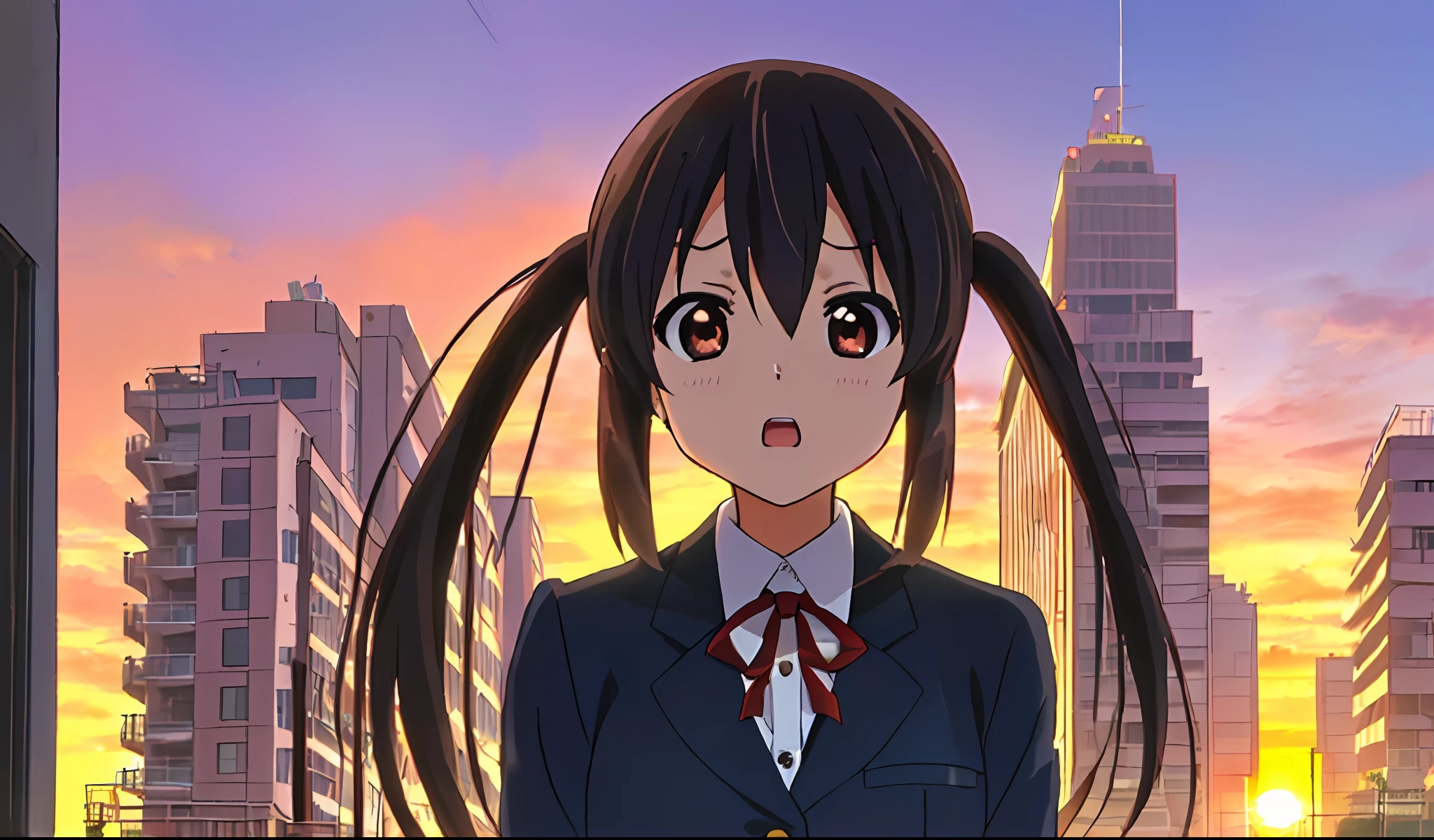 1girl, ((((Masterpiece))), Best Quality, Best Quality, High Detail, Azusa Nakano, 1girl, Sakuragaoka High School Uniform, Musical Instrument, School Uniform, Twin Tails, Long Hair, Black Hair, Brown Eyes, Solo, Red, Dark blue blazer with a thin ribbon of red, Solid white button shirt under blazer, Illustration, Cartoon, Soothing tones, Muted colors, Soft cinematic light, Adobe Lightroom, Photo Lab, HDR, complex and highly detailed, (((depth of field))))). (((Masterpiece))). (((highest quality))).) ((super detail))). (((Illustration))). (((fighting stance))).,((((Gigantic))).dynamic focus. (((skyscrapers))). (((Cityscape))). (((Despair Face))). open mouth. (((Sunset))). (((Sunset))). (((clench fists))). (((Proud))). (((small breasts))).