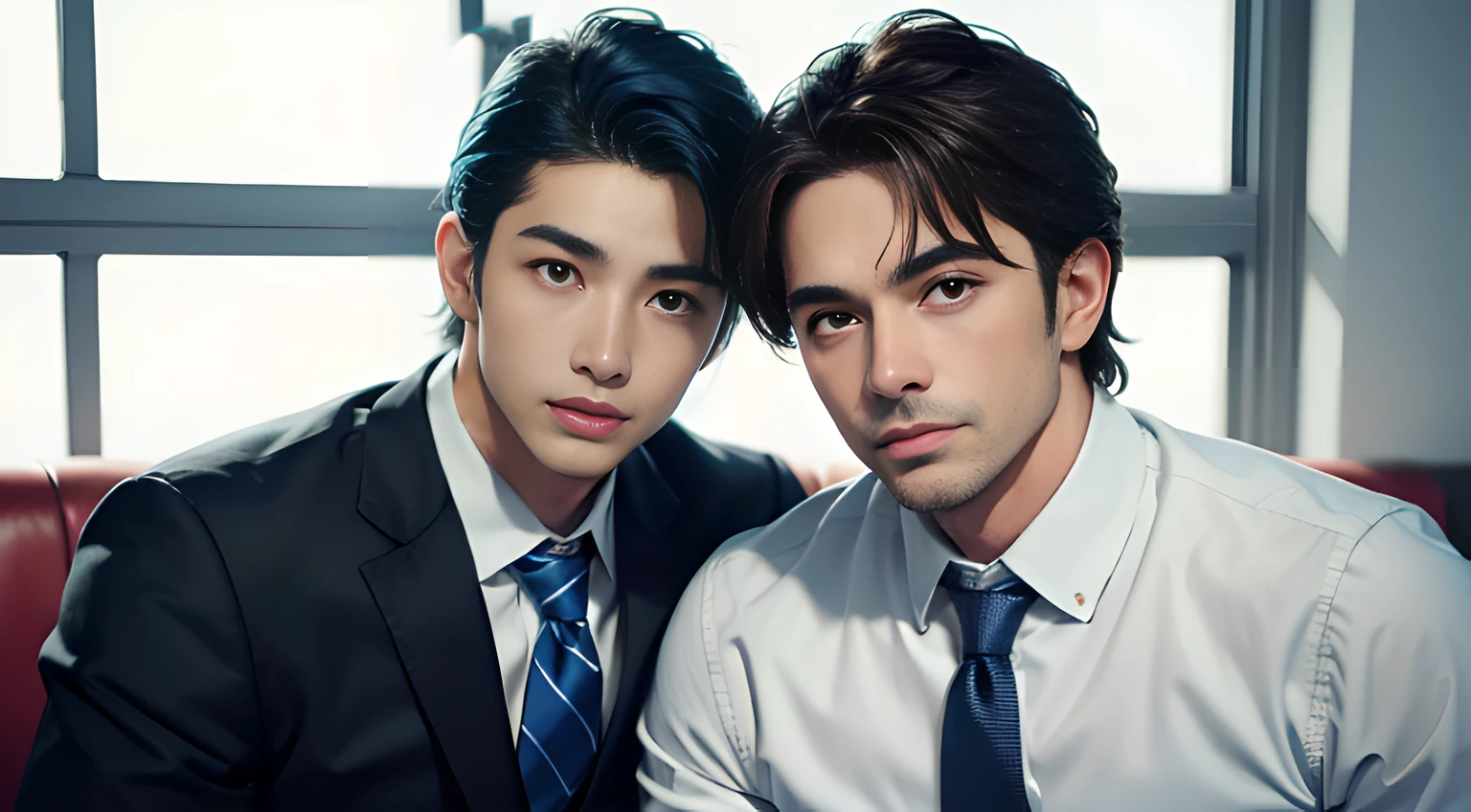 American handsome muscular young man in his 30's, dark blue hair,