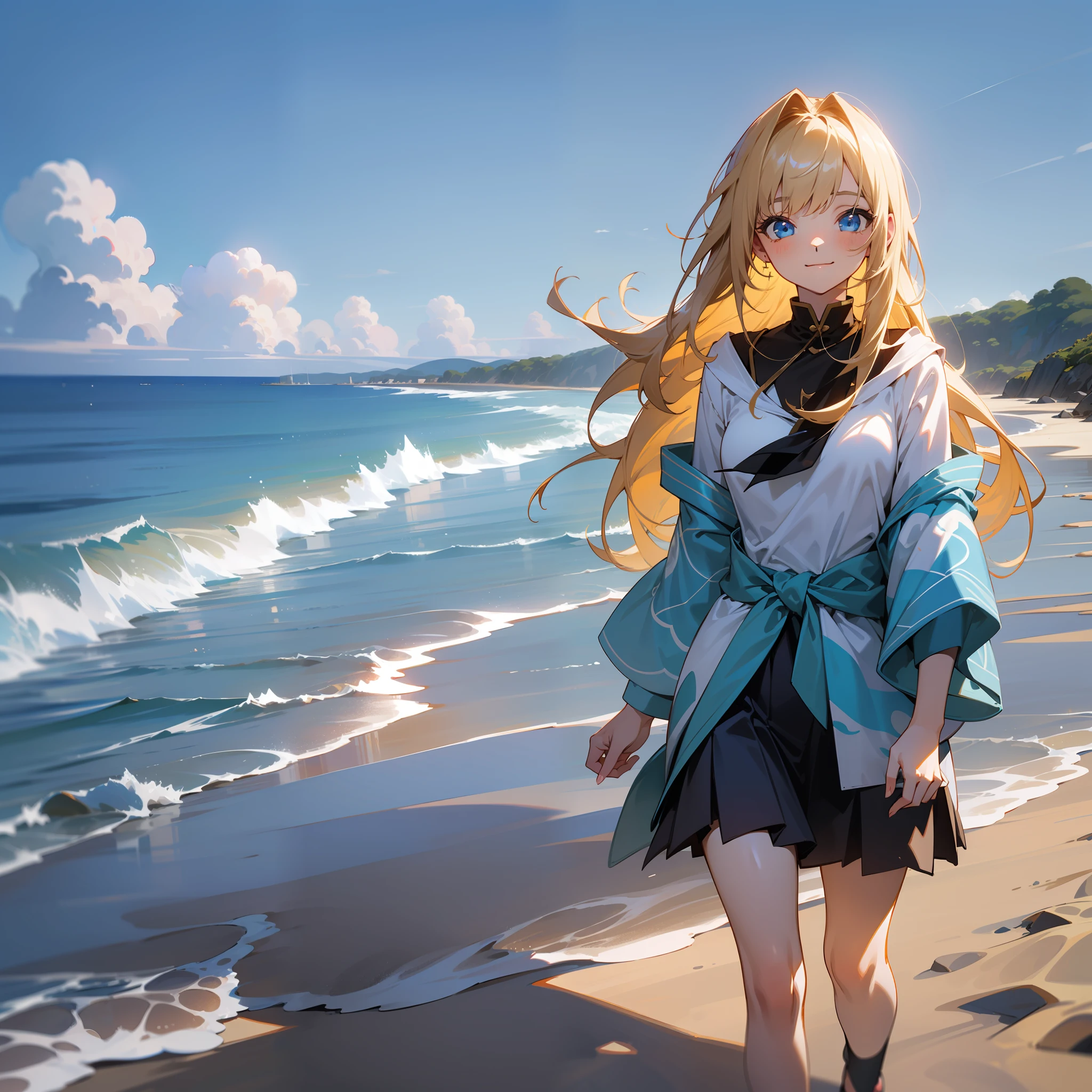 Woman with long blonde hair,bangs are short,Blue eyes,a Pretty,アニメ,mystical,a sea,seashore,Transparent,ren,Girl walking on sandy beach,Fantastical,Blue sky,yami,smile on face,xia,starlight