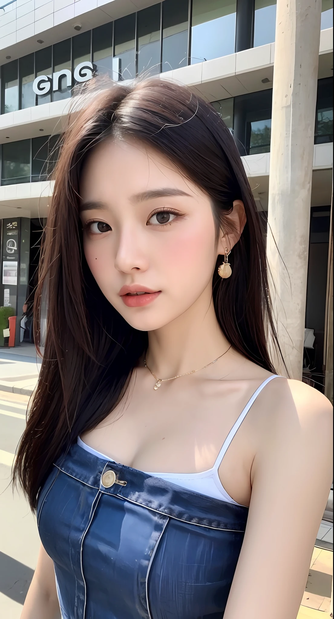 (1 Korean star with royal sister style), ((best quality, 8k, masterpiece: 1.3)), focus: 1.2, perfect body beauty: 1.4 , (funny expression), (night street: 1.3), highly detailed face and skin texture, fine eyes, double eyelids, whitened skin, (air bangs: 1.3), (round face: 1.5), (thin strap top: 1.4),