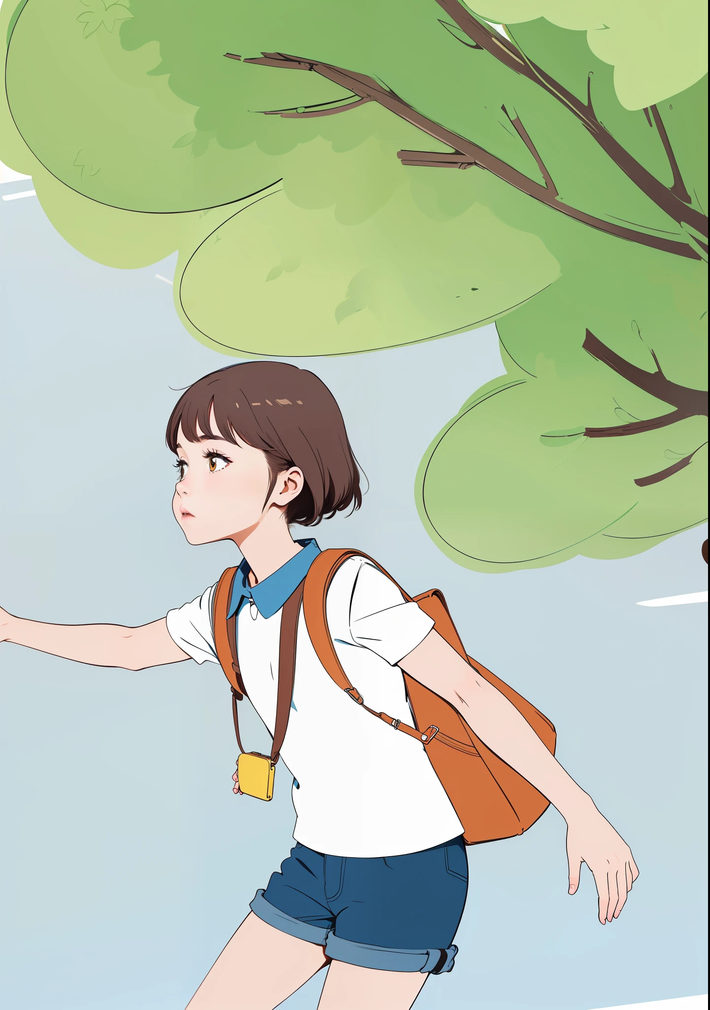 A brown-haired girl stands under a tree, wearing white clothes with a blue collar, denim shorts, a red school bag, and a yellow camera
