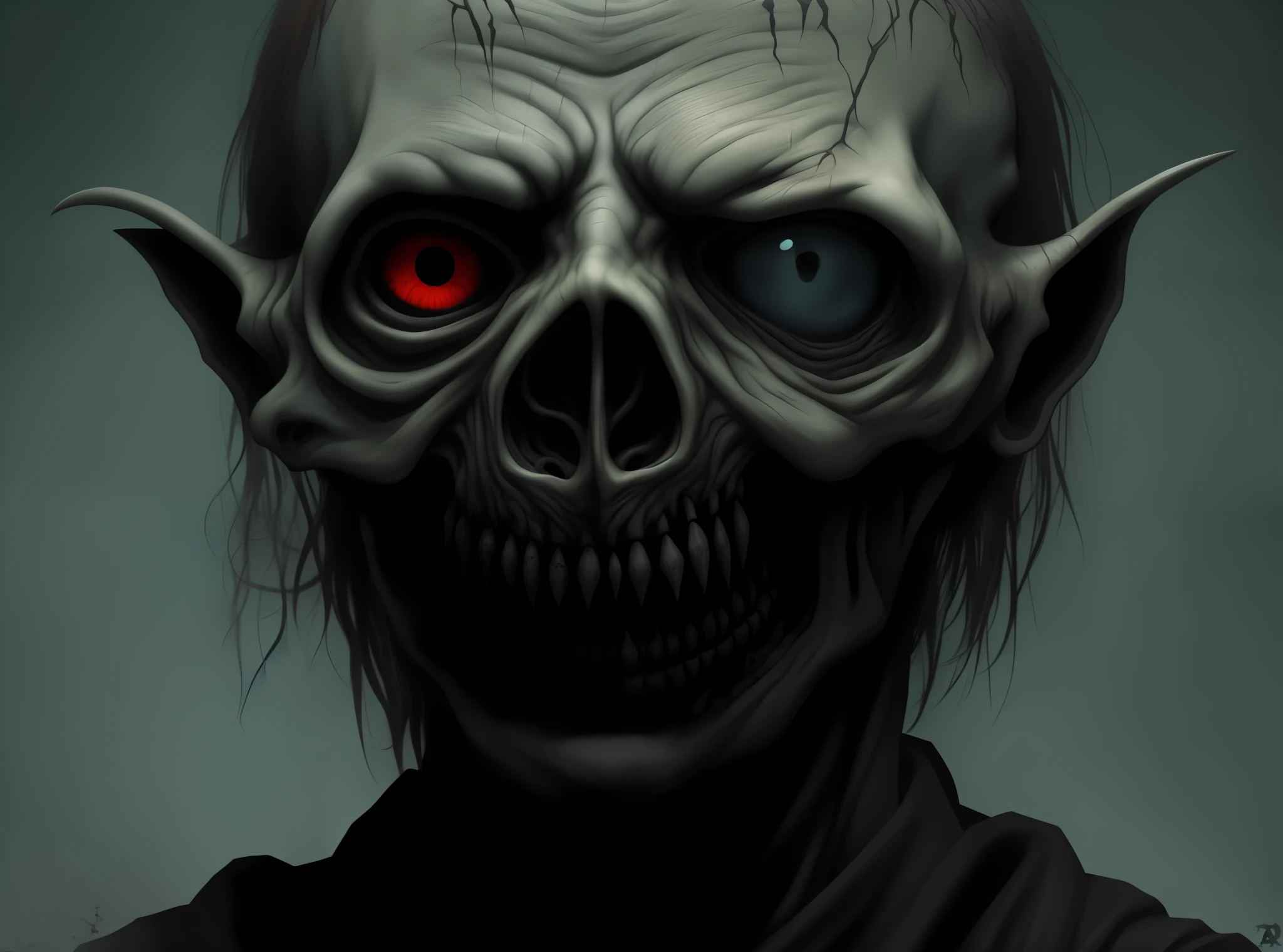 Retrato de um Duende, rosto de goblin assustador, arte conceitual escura fotorrealista, ainda de filme de terror, arte assustadora, arte de terror de fantasia, Personagem sombrio e sinistro, arte de fantasia de terror, arte goblin, arte de terror de fantasia sombria