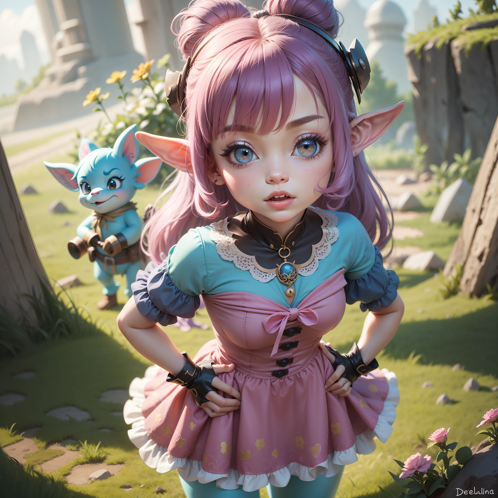 um troll rosa com um vestido azul e uma coroa de flores, pink iconic character, Trolls, - Bom troll pequeno, troll, papouLa, ou, personagem do filme, Personagem Toonix, duende, como um personagem claymation, Heidi, Mulheres de 40 anos, Arte Oficial, closeup - view, 🎀 🗡 🍓 🧚, Derpibooru