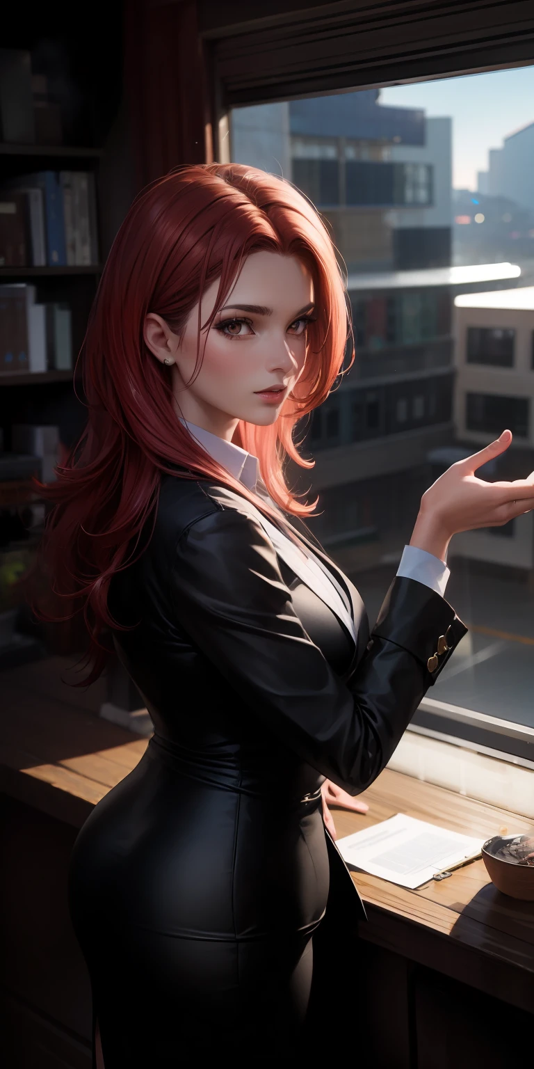 Professora, Ruiva, Fogo, 8k, fotorrealista, altamente detalhado,