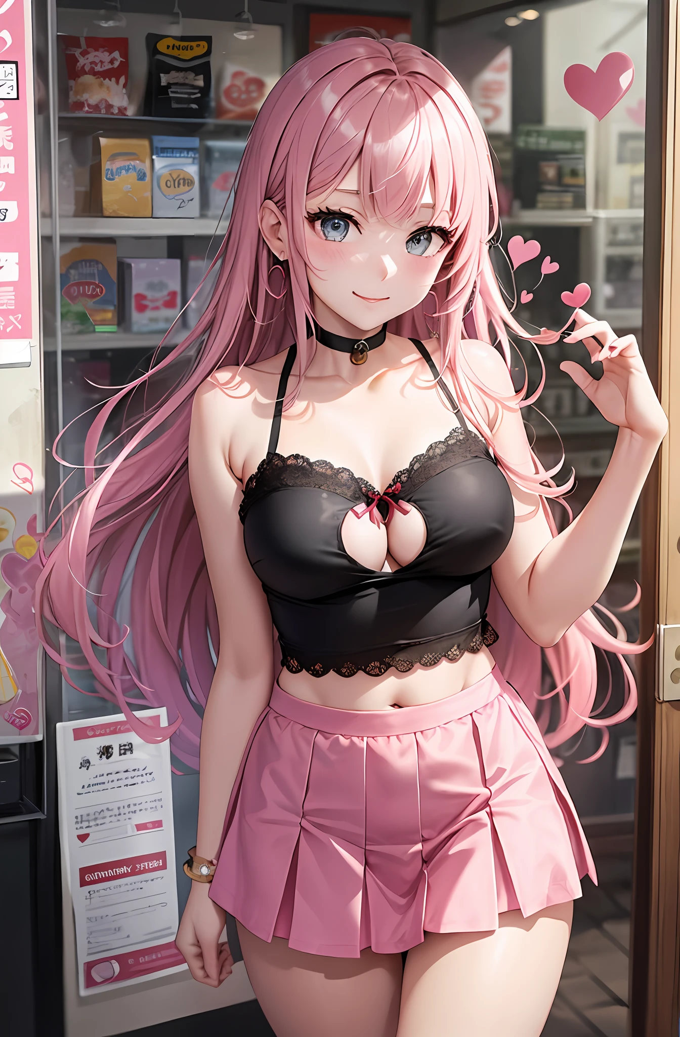 Portrait Art 15。Pink hair。long hairs。preated skirt。Camisole。ear ring。Heart-shaped chest。Happy look。Inside a convenience store、Hachiko-mae in Shibuya。pantiy、Cute string panties